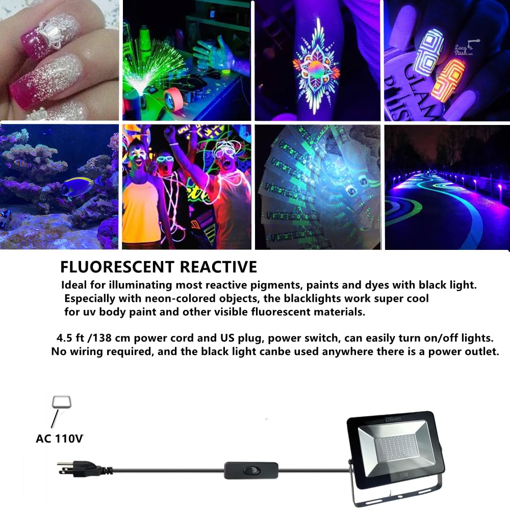 Zsgoes 2 Pack 50W Uv Ultraviolet Black Light 110Vac For Halloween Blacklight Party  Stage Lighting  Fluorescent Body discomfort-reducingt  Glow In The Dark  Fishing  Uv Glue Curing  Screen Printing  Us Plug Switch