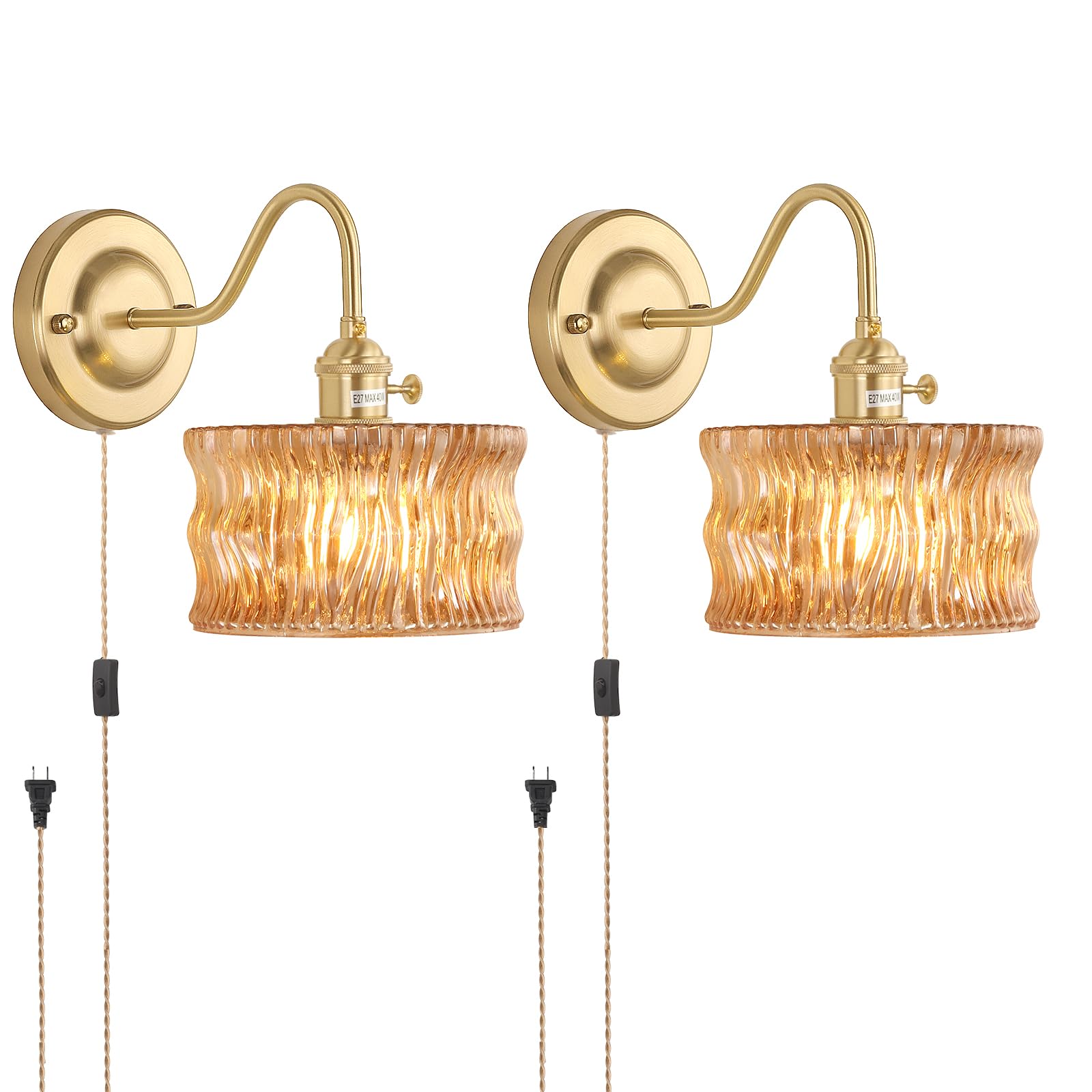 Shenmoyl Wall Sconce Set of 2, Gold Vintage Indoor Lamp, Amber Ripple Glass Shade, 2 Light Plug in, Model 1-93723-wlampp
