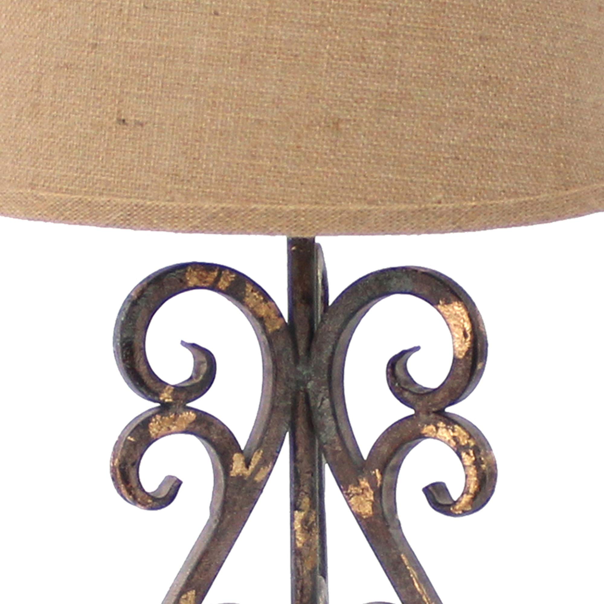 Benjara Bm217252 Metal Table Lamp With Scroll Design Base & 2 Way Switch Bronze & Beige - 23 X 6 X 8 In.