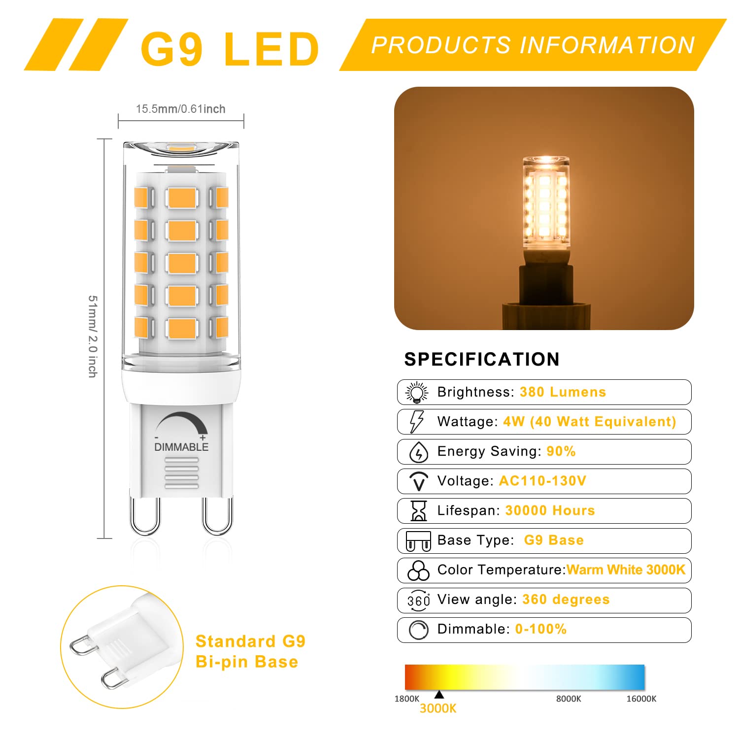 YUIIP G9 LED Bulb Dimmable 4W, 40W Halogen Equivalent, Warm White, 10 Pack, No Flicker, 360° Beam Angle, AC
