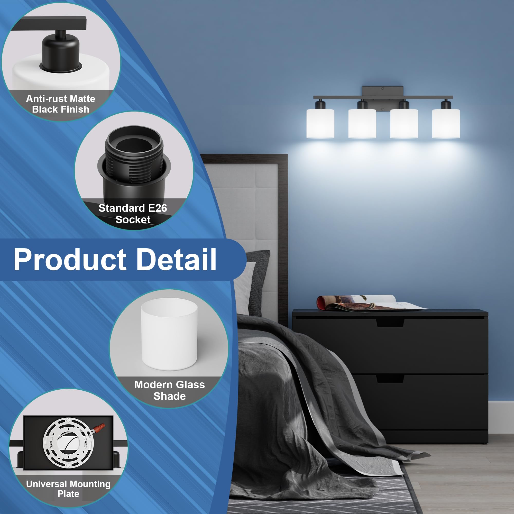 Black Vanity Lights For Bathroom, Anti-Rust 4-Light Bathroom Light Fixtures Over Mirror, Modern 24Inches Wall Sconces, Eye-Carin