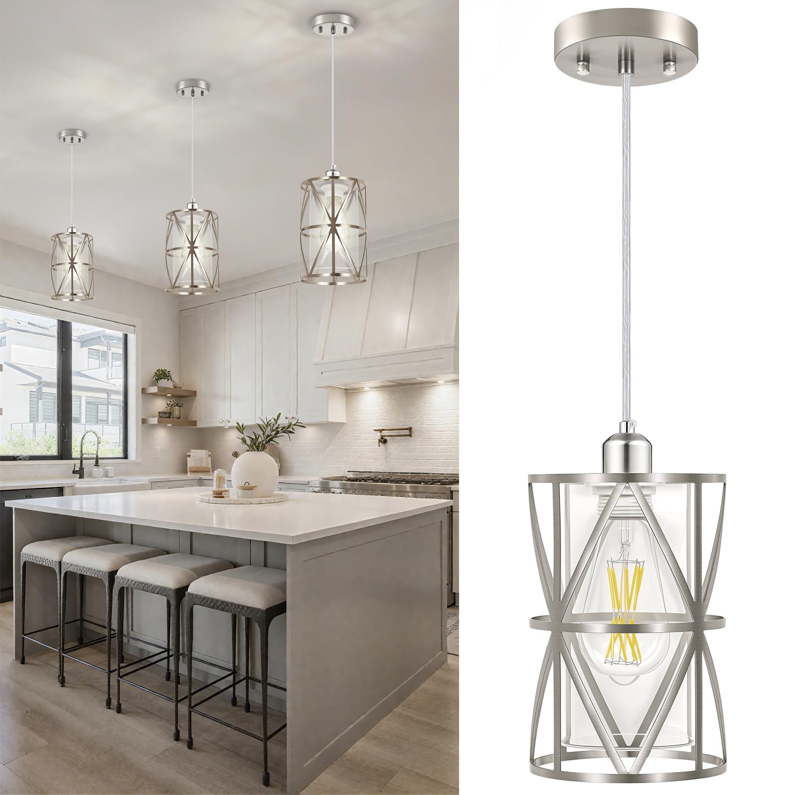 Zlierop Pendant Light - Modern Kitchen Fixture, 5.4in x 7.9in, Clear Glass & Brushed Nickel, Model 6bec50a8-d35d-4339
