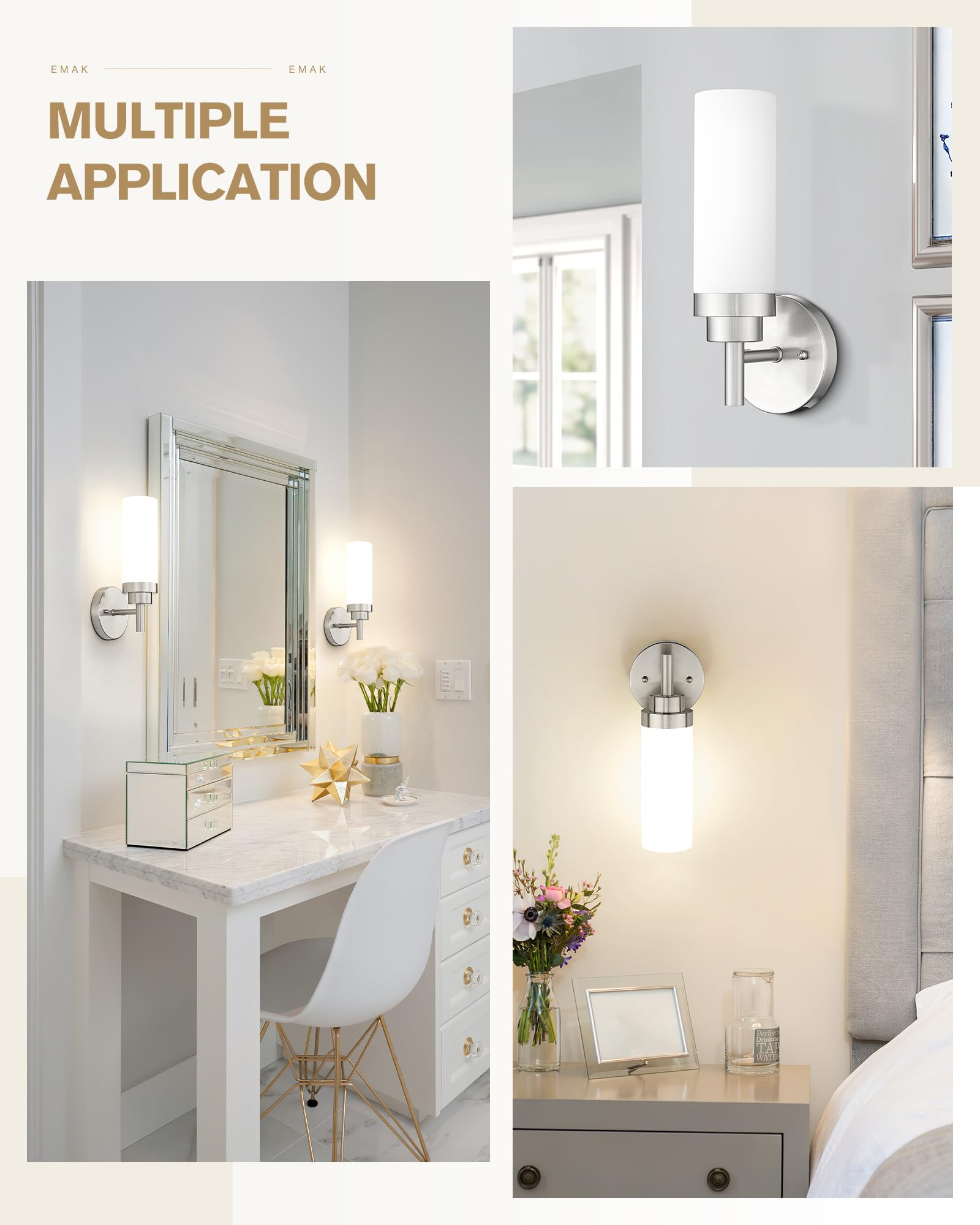 Emak Modern Brushed Nickel Sconces, Bathroom Vanity Light With Milk Glass Shade, Wall Sconce For Bathroom, Bedroom, Living Room,