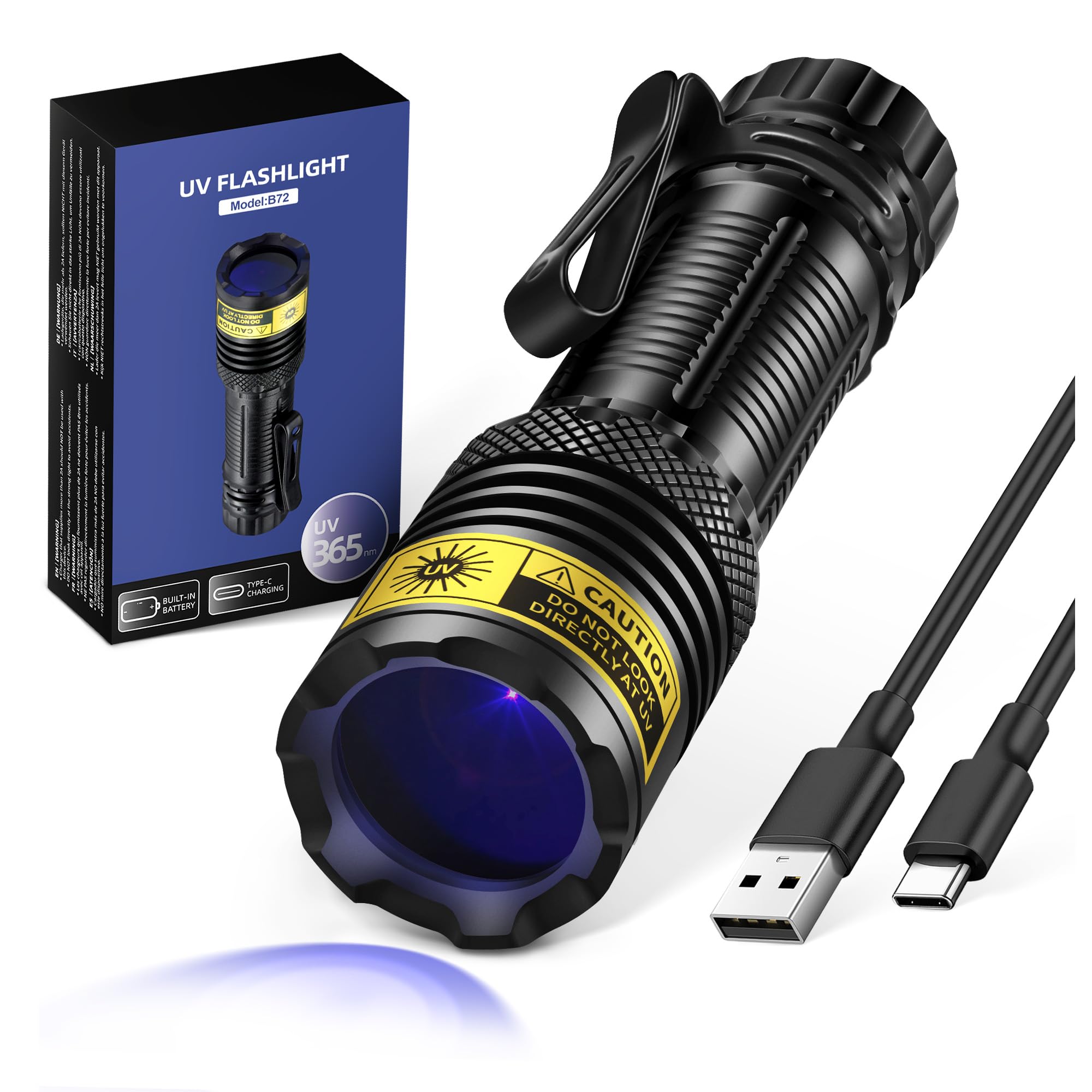 VMTENMV UV Flashlight Mini B72, USB Rechargeable 365nm Blacklight, Aluminum, Portable Handheld for Pet Urine and Resin Curing