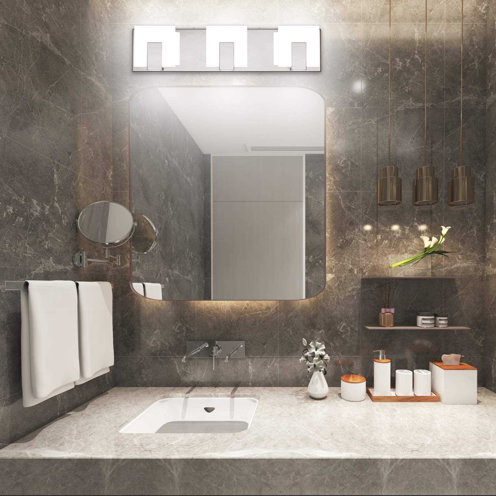 Aipsun Modern LED Vanity Light - 3 Lights, Frosted White Acrylic, Chrome Finish, 6000K for Bathroom, Model Ca-1105-3T