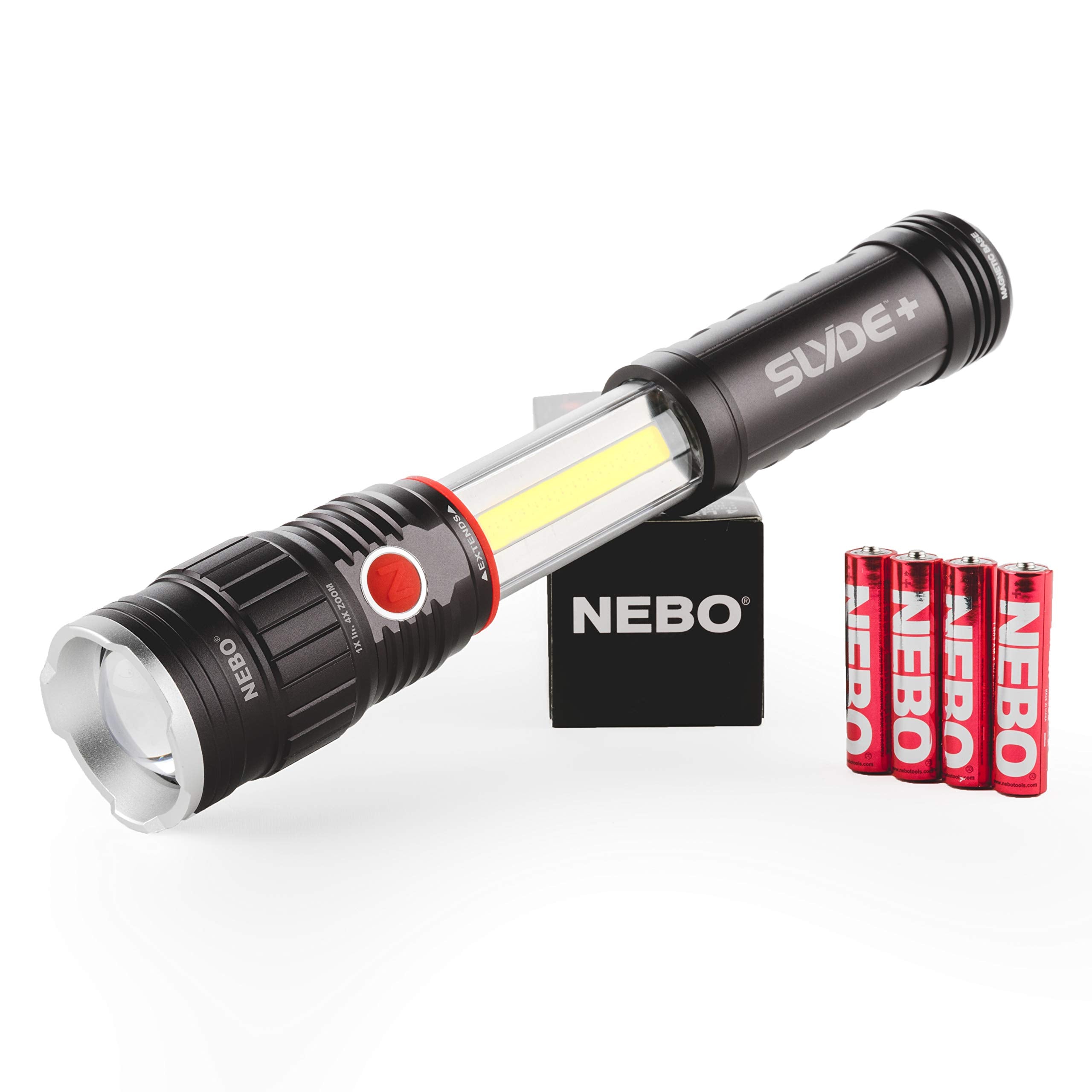 NEBO SLYDE+ 300 Lumen LED Flashlight & Red COB Work Light, Aluminum, Model 6525, Magnetic Base, 4x Zoom, EDC Camping Light