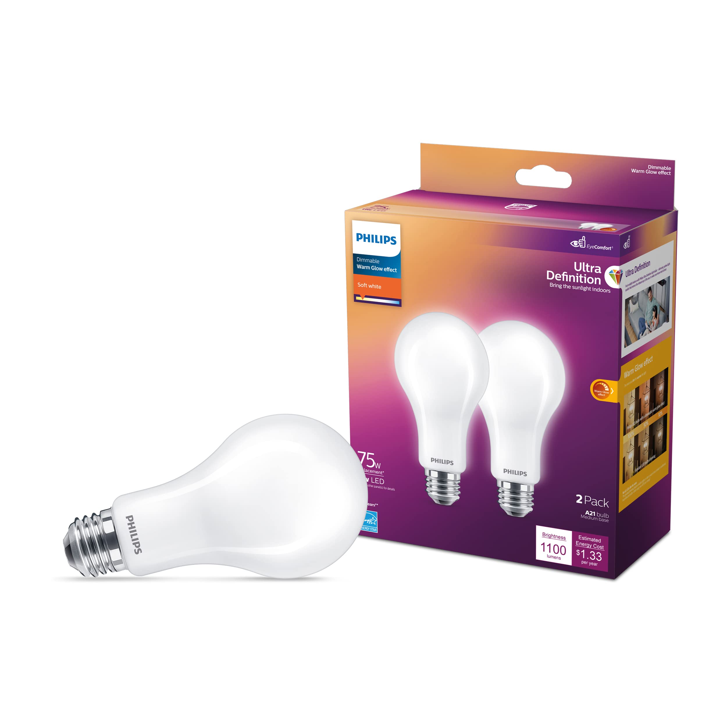 PHILIPS A21 LED Light Bulb, 2200K, 1100 Lumen, Dimmable, Eye Comfort, 11W=75W, Soft White, 2-Pack