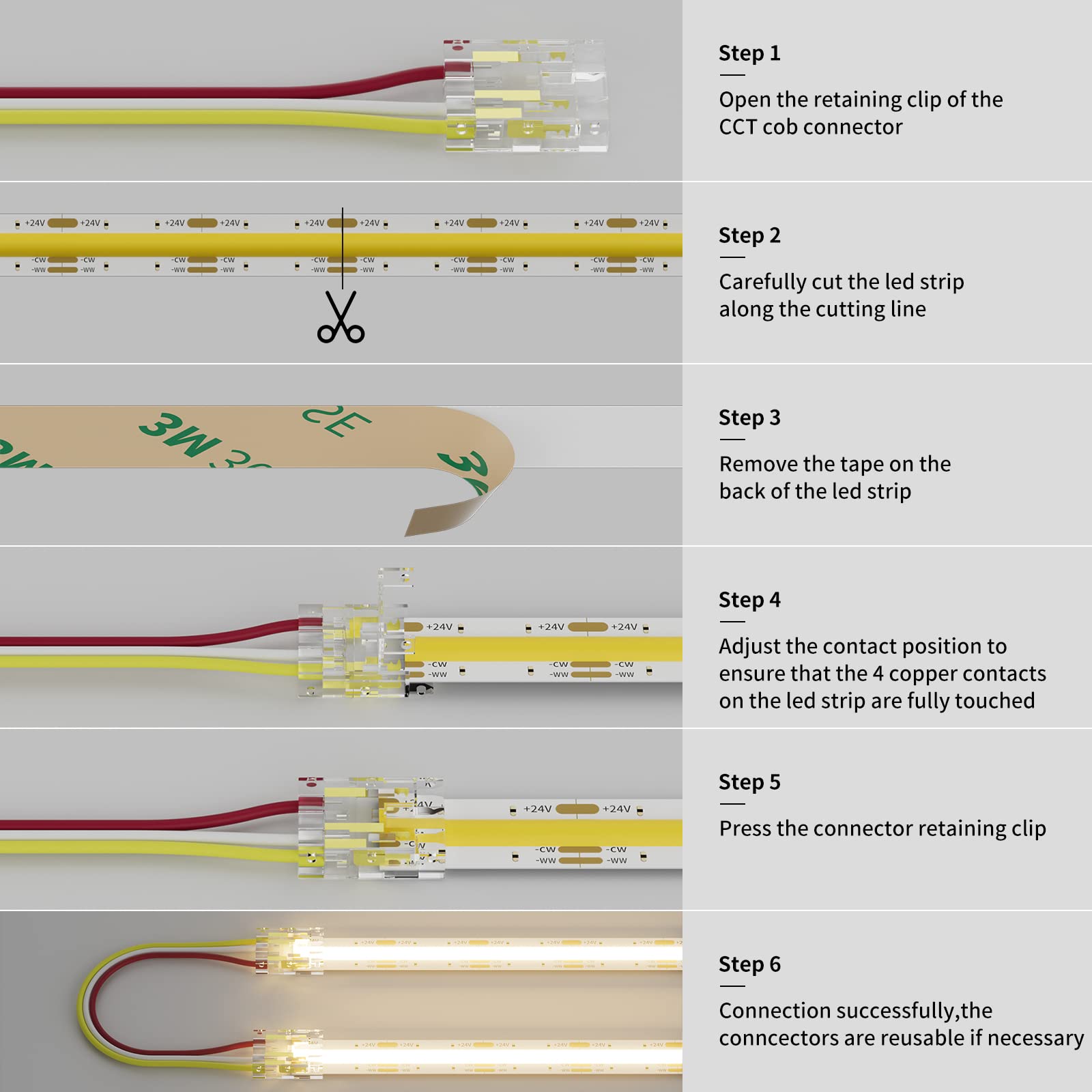 PAUTIX 10mm LED Strip Connectors Kit - 4 Dual End Solderless Connectors, 2 DC Plug Wires, Warm & Bright White, Connector Kit