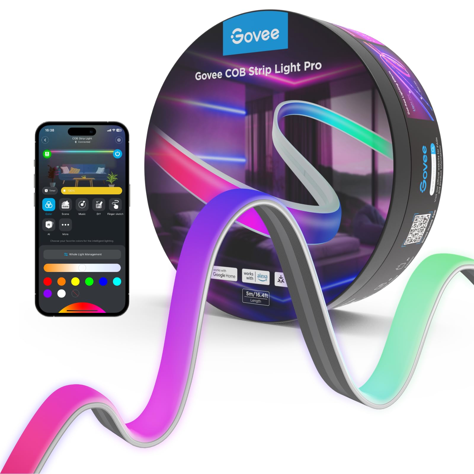 Govee COB LED Strip Light Pro, LED Lights for Bedroom Compatible with Alexa, Google Assistant and Matter, RGBICW Light with Warm