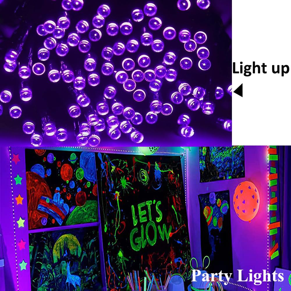 FULLBELL Black Light String Lights, 100 LEDs, 33ft Black Wire, Purple for Glow Party, Halloween, Christmas, Model FLEDSTL10M80D