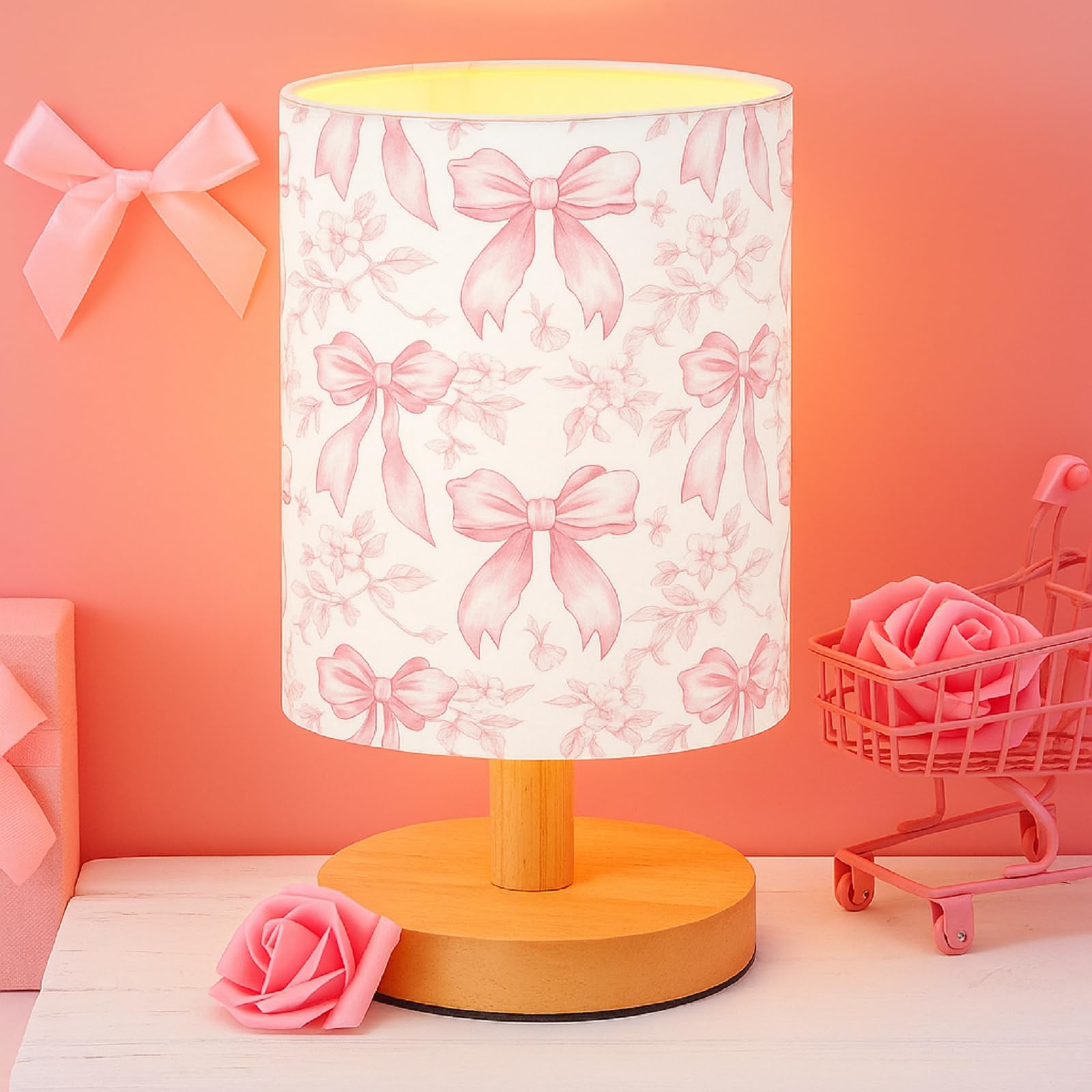 VIHOSE Flora Bow Kids Table Lamp for Bedroom Kids Bedside Lamp with Linen Wooden Nightstand Cartoon Nursery Lampshade for Girls 