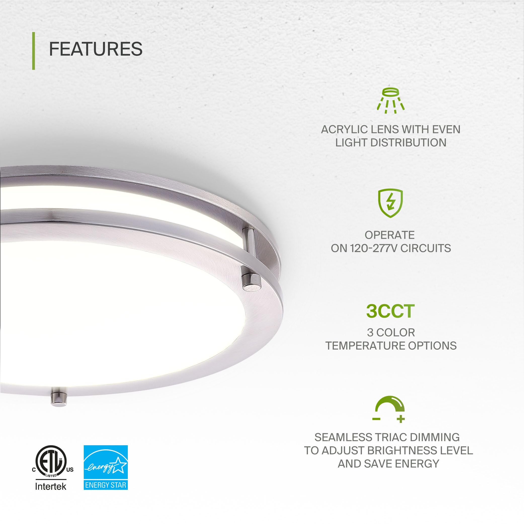 ASD LED Round Flush Mount Light Fixture 16 Inch 24W 2150LM Dimmable Brushed Nickel 2 Pack