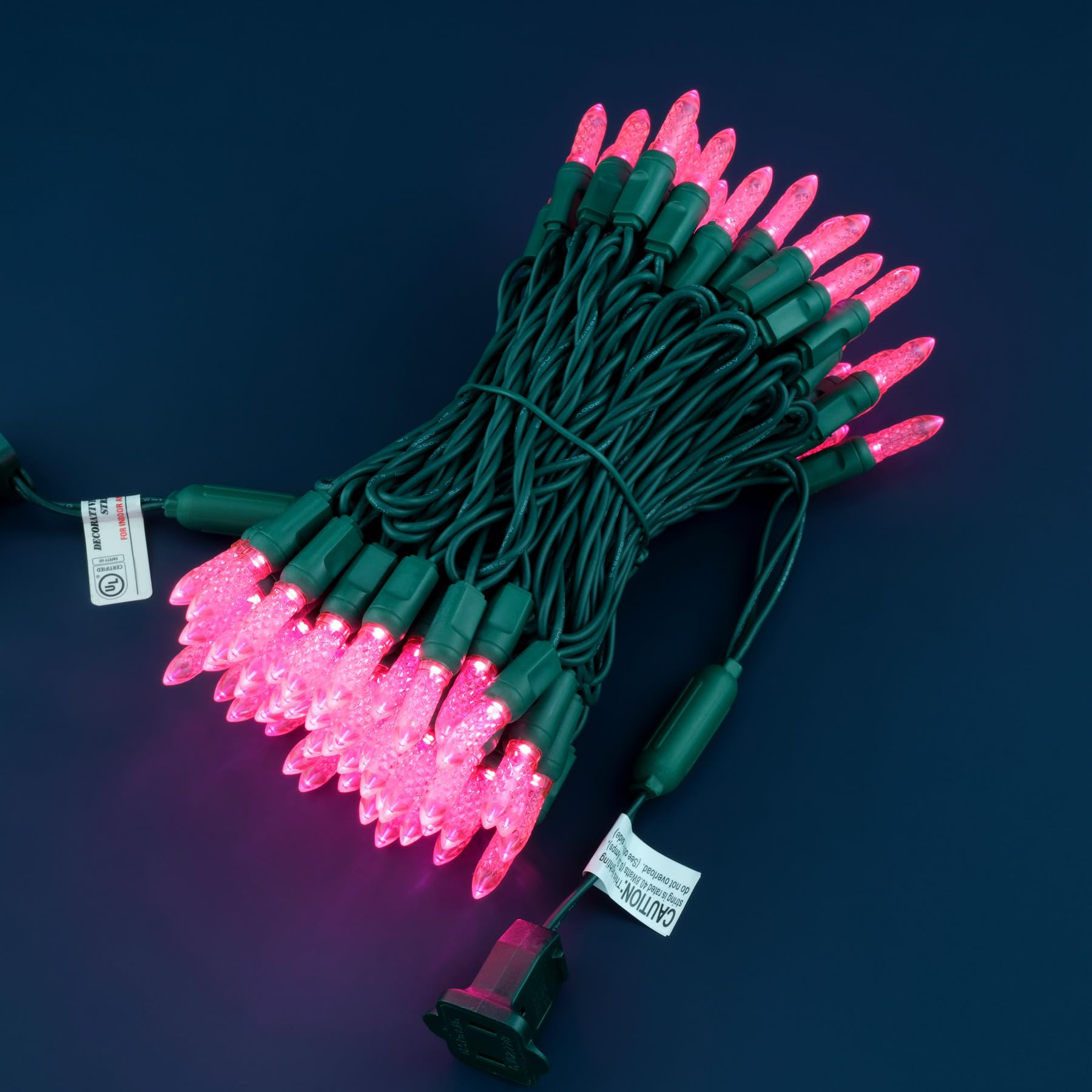 SWEET SHINE LED Christmas Lights, 33 ft Green Cord, Waterproof, M6 Model, Pink Faceted One-Piece String Lights