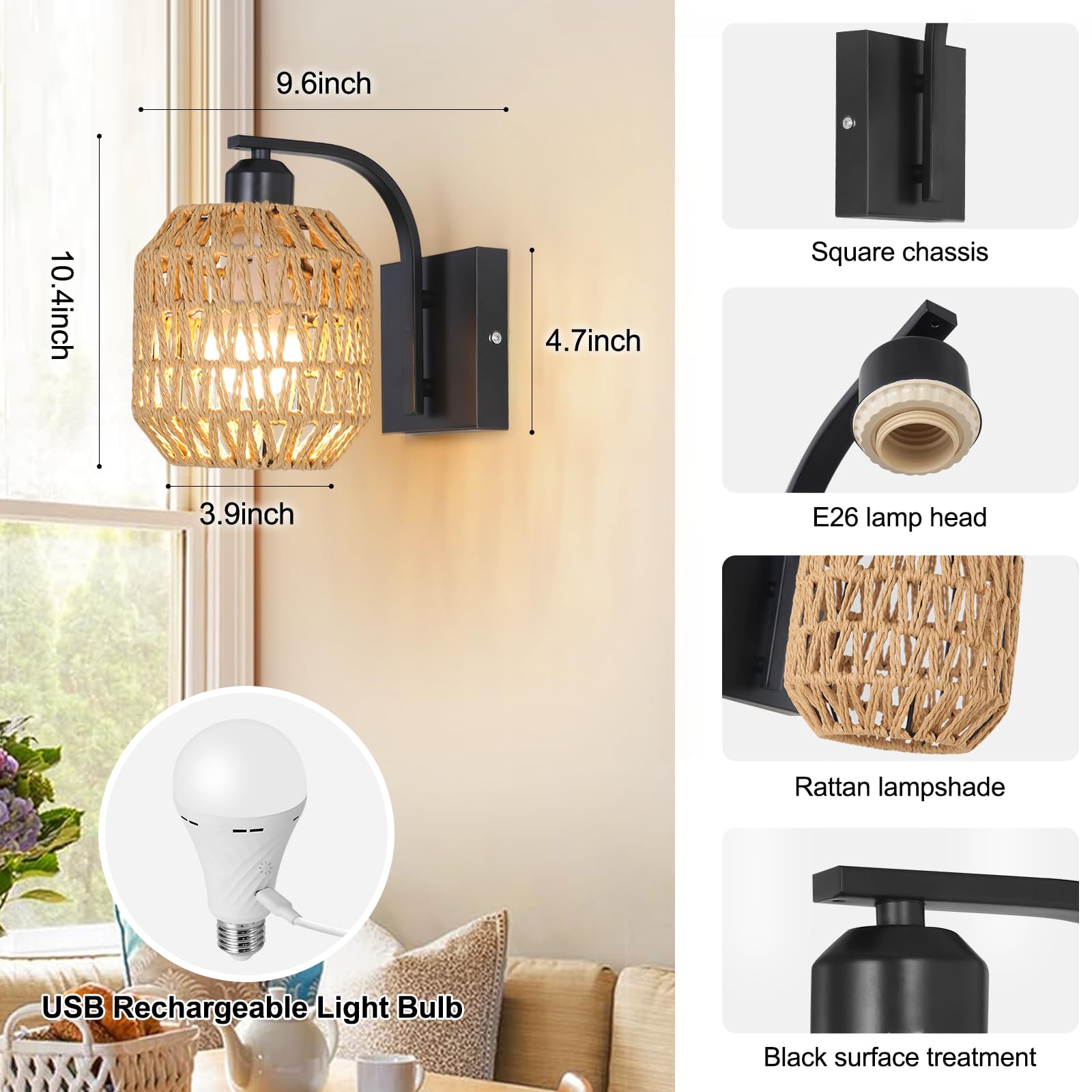 Bailoch Boho Cordless Wall Sconces Set of 2, Dimmable Rattan Lights, Rechargeable, Black, Model BLWS005B2