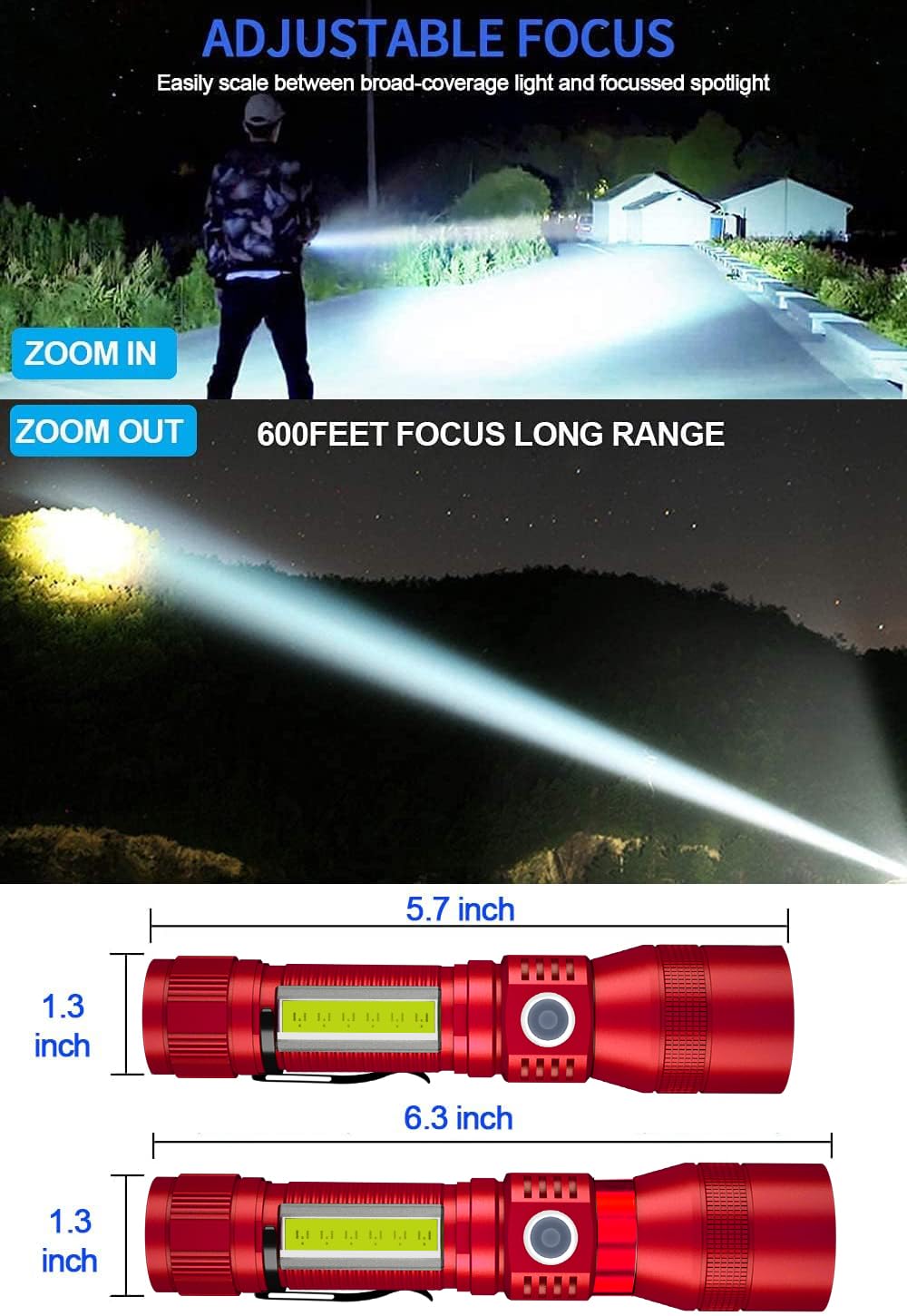 Hoxida UV Flashlight Rechargeable 3-in-1 Tactical LED 1500 Lumen Zoomable Waterproof Red Model 016-1