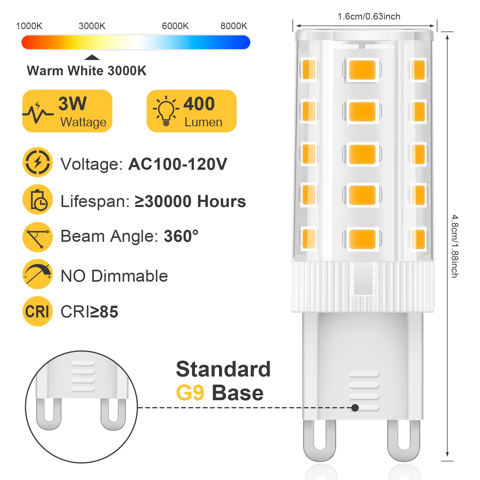 Topleder G9 Led Bulb Warm White 3W, 3000K Non-Dimmable, 30 Watt T4 G9 Halogen Equivalent, 120V No-Flicker, Chandelier Lighting 4