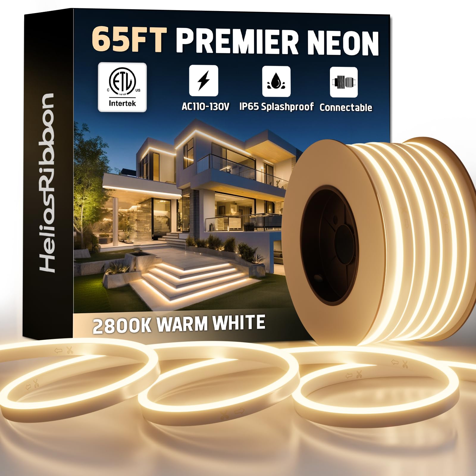 65FT LED Neon Rope Lights 2800K Warm White  ETL Listed 110-120V Outdoor Flexible Neon Band IP65 Waterproof  Connectable and Cuttable  for Home Commercial Contour Landscape Ambient Lighting Decor
