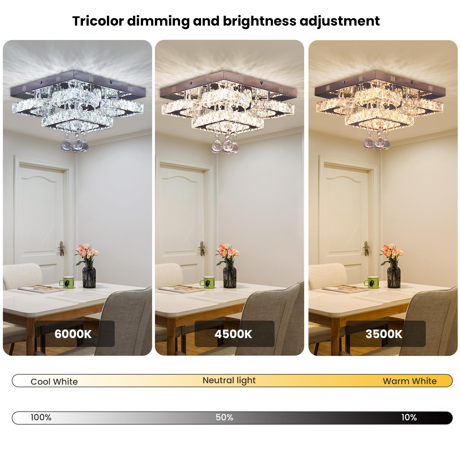 CXGLEAMING 11.8" Modern Crystal LED Chandelier, Dimmable Square Fixture, Stainless Steel & K9 Crystals, 4 Petals Design