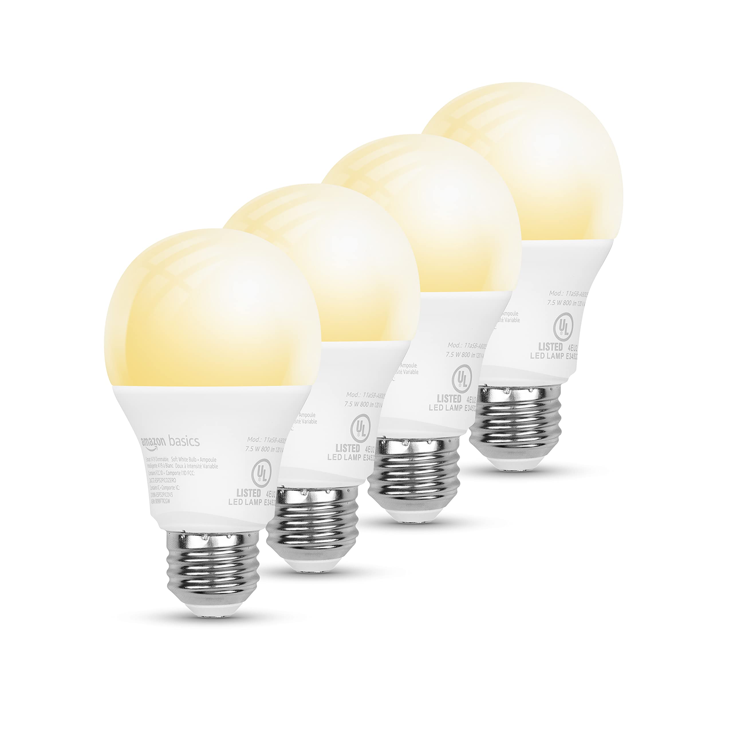 Amazon Basics Smart A19 LED Light Bulb, Dimmable Soft White (2700K), 7.5W (60W Equivalent), 800LM, Works with Alexa Only, 2.4 GH
