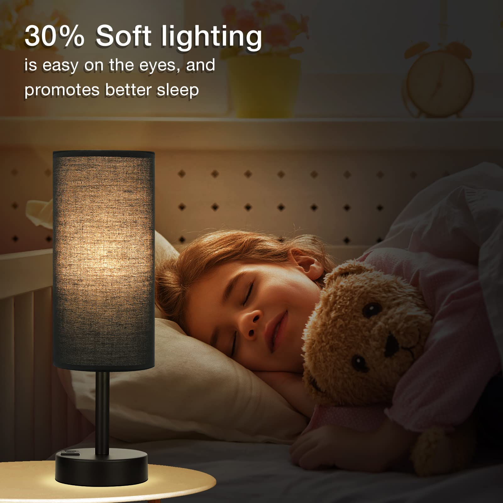 Black Touch Nightstand Lamps For Girl - Small Bedside Lamp With Usb-C And Usb Charging Ports, 3 Way Dimmable Control Table Lamp