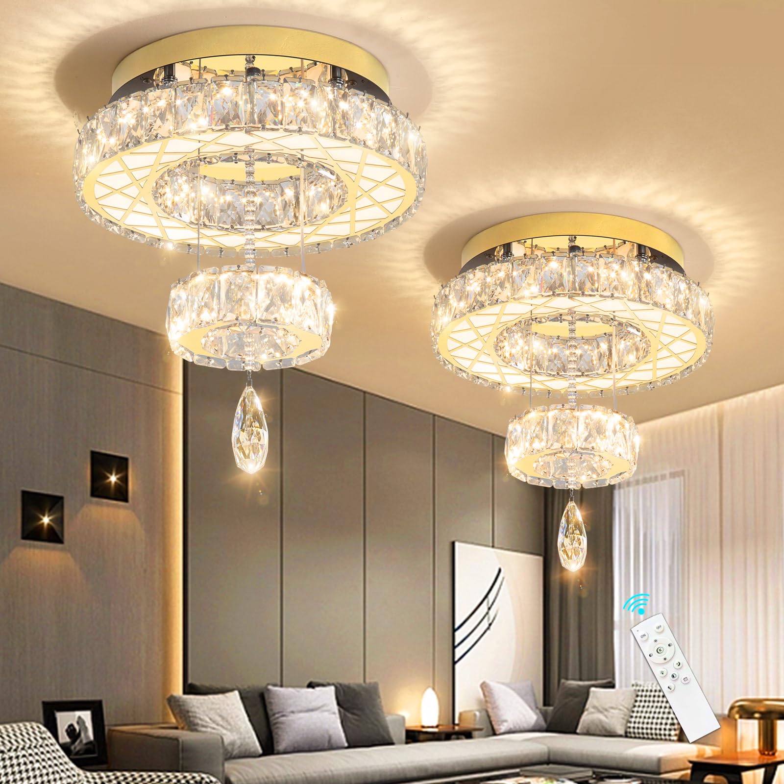 HAIXIANG 16-Inch Glam Chandelier LED Ceiling Light Fixture, Gold, Remote Dimmable, Model MMQ3831
