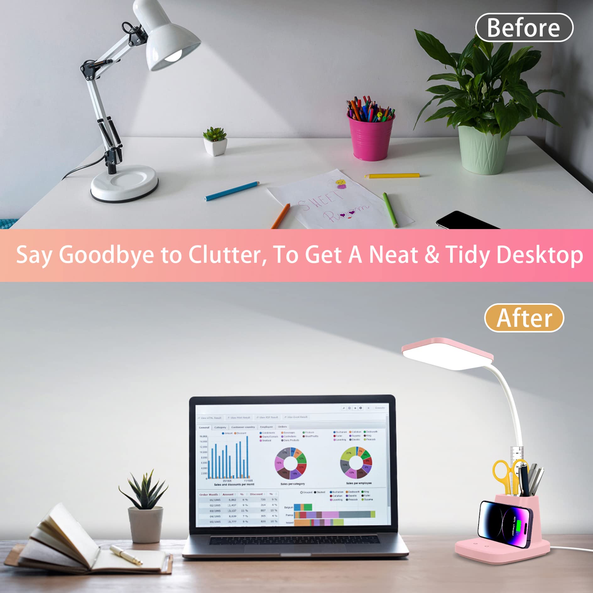 Sailstar Pink Desk Lamp with Wireless Charger, 800LM Dimmable Touch Gooseneck, Small Size for Home Office and Kids Rooms, Model SA-DL-PINK-FBA