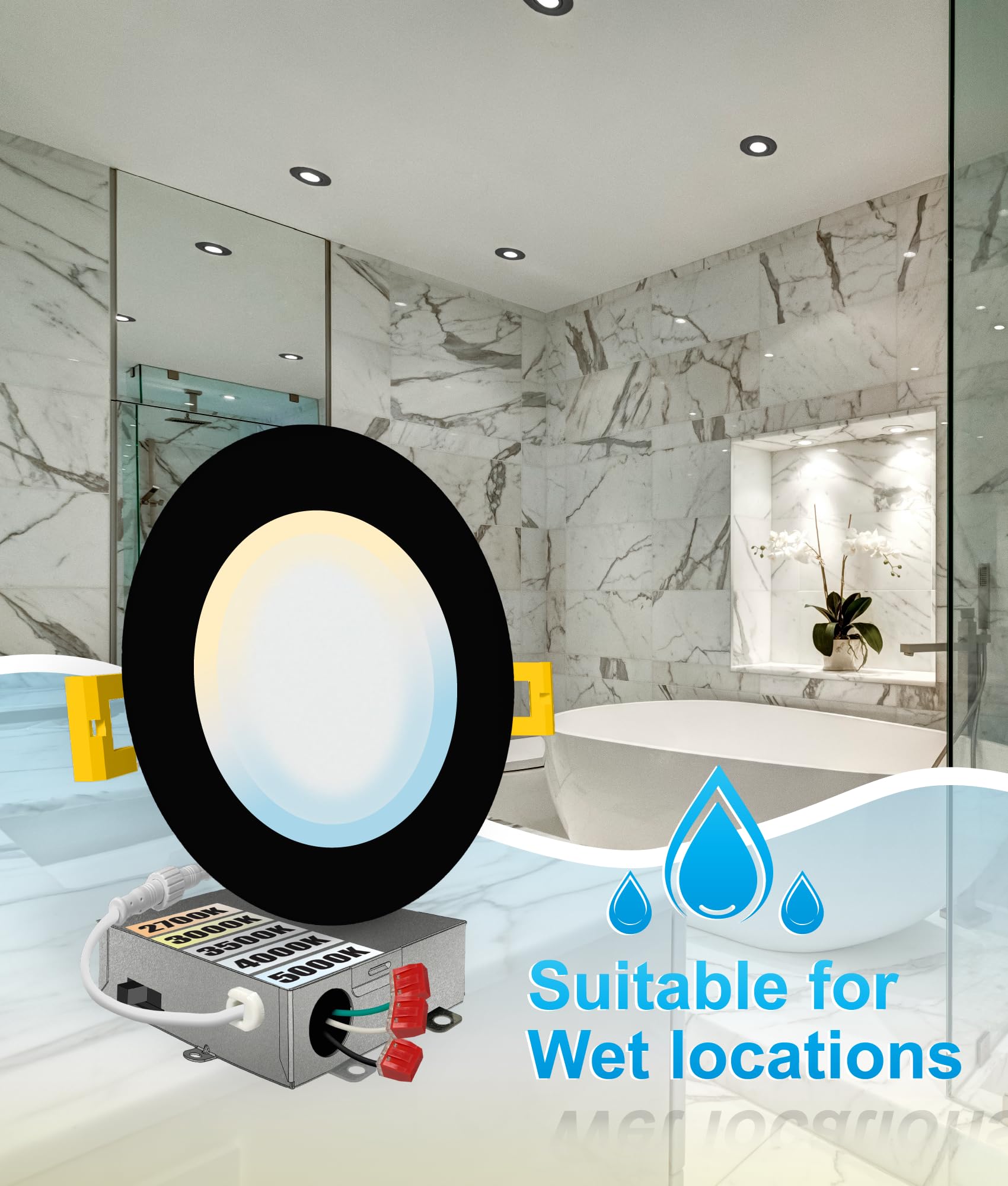 NUWATT 6 Inch Ultra-Thin Black LED Recessed Lighting, Dimmable, 1050LM, Water Resistant, IC Rated, Model NW-P-DL-6-15W