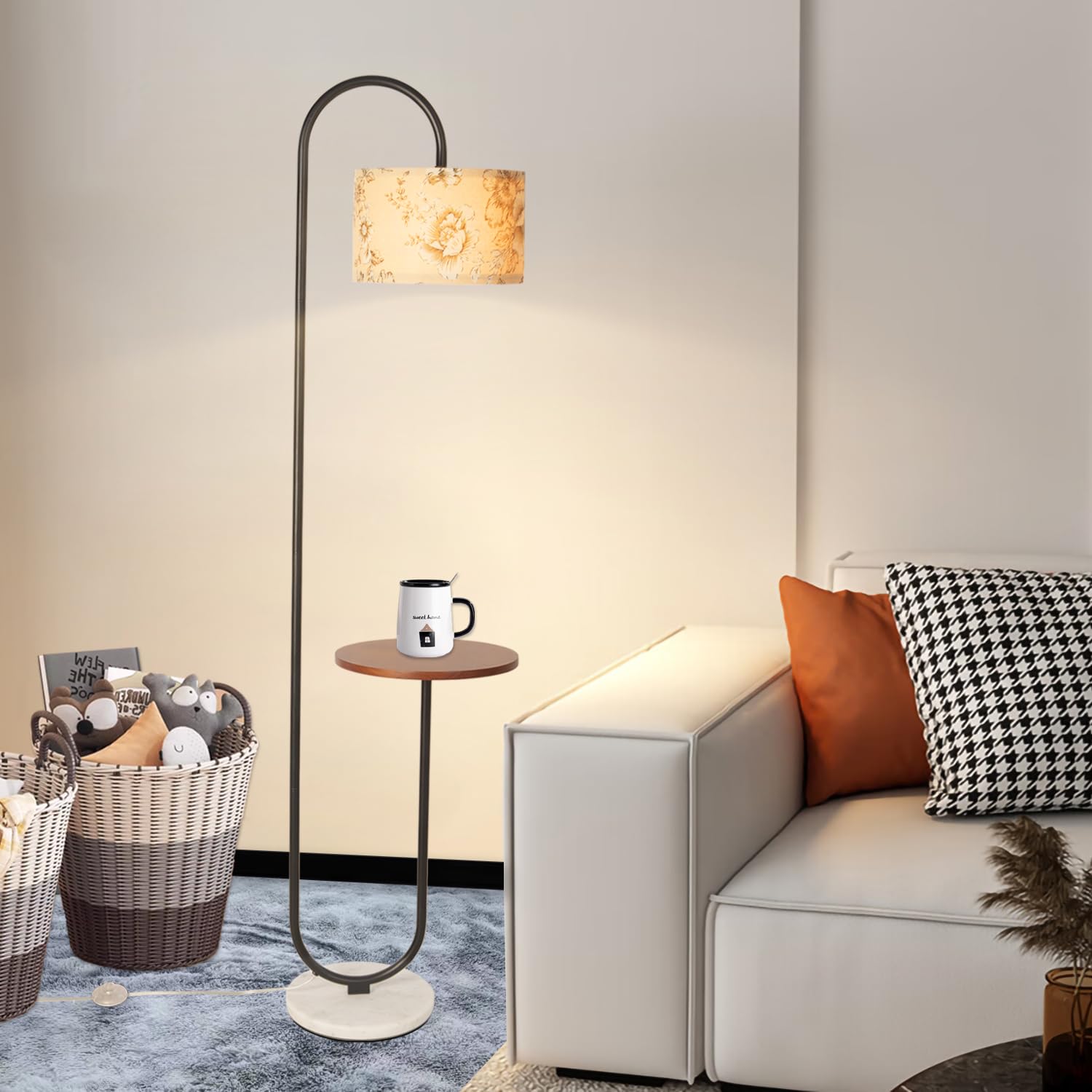 Hsyile Arc Floor Lamp With Hanging Drum Shade For Living Room-Marble Base Modern Tall Stand Up Light With Table, Contemporary Ov