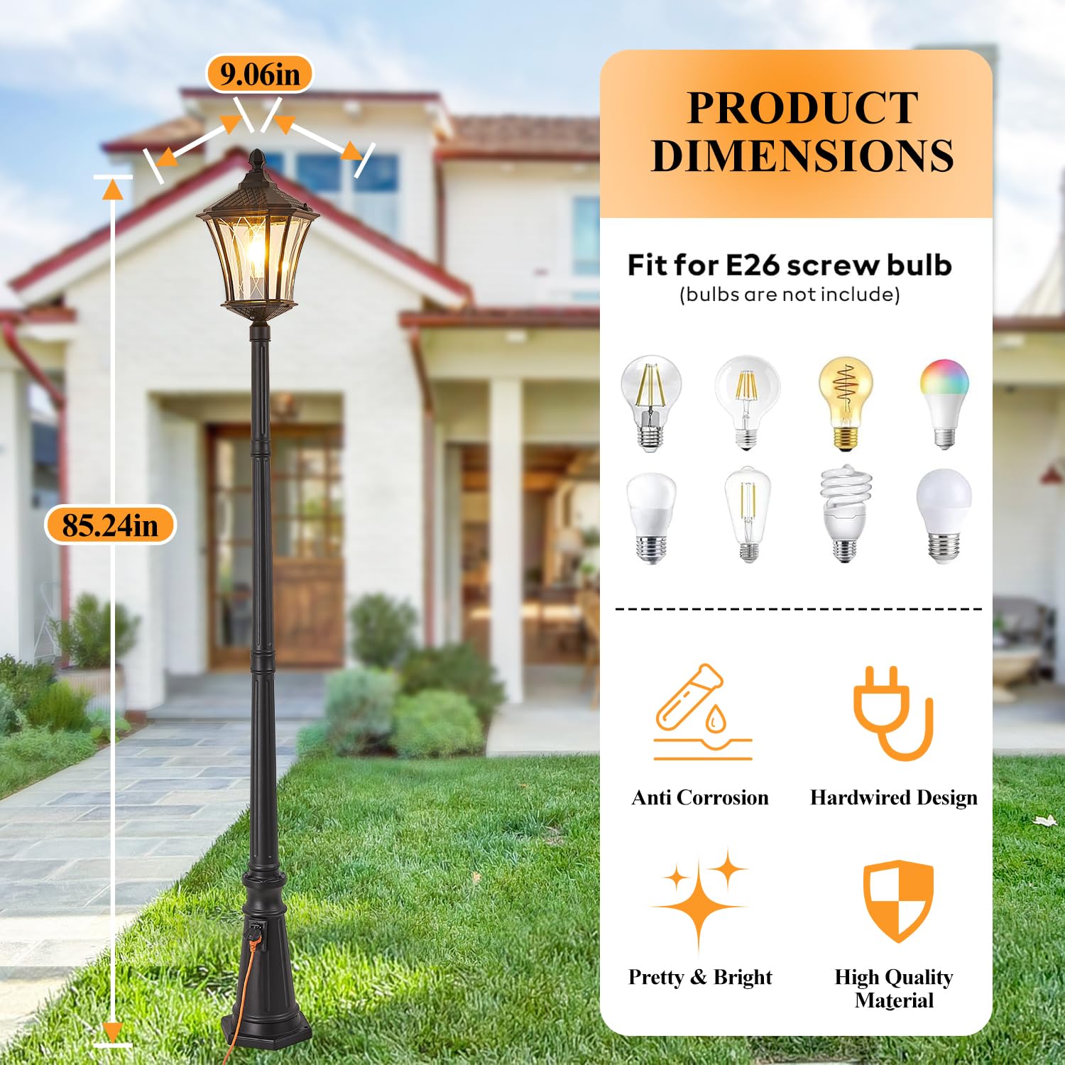 SCNYCUL Outdoor Lamp Post with Outlet, Dusk to Dawn, Aluminum Waterproof, Black, Model H076