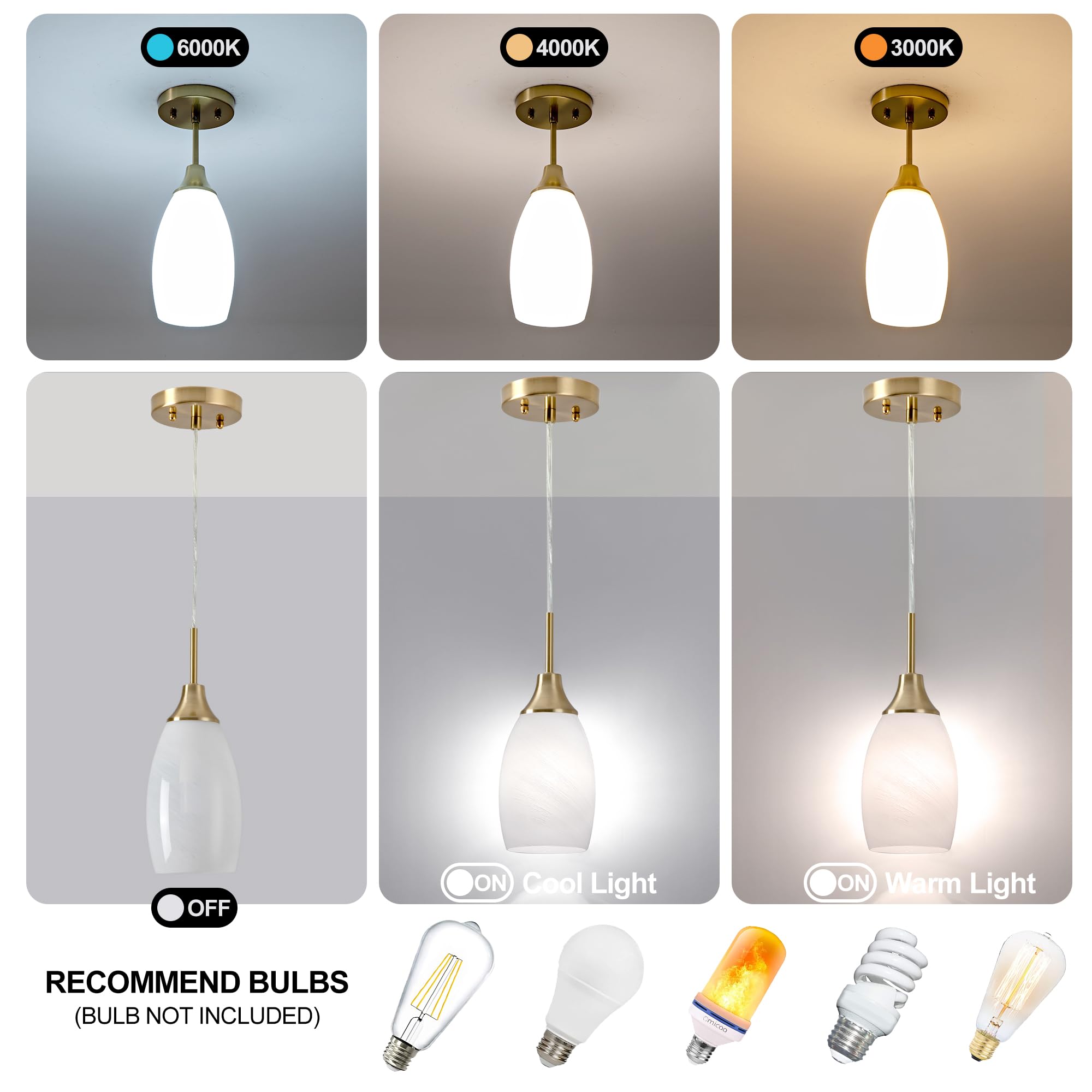 Viinew Mini Glass Pendant Light, Handblown White Swirl Art Glass, Gold, 4.72in, Model WY G1, 1-Pack, Ceiling Fixture for Dining Room