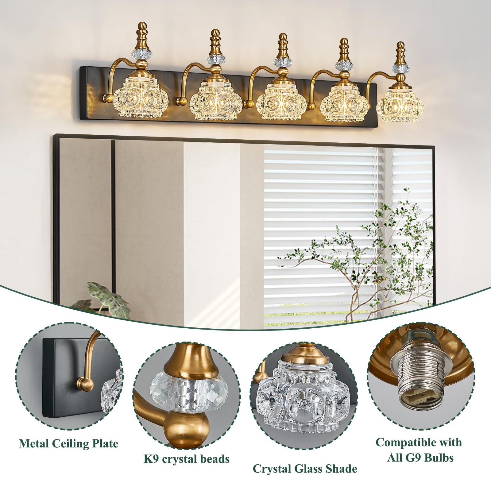 Lbsqj Modern Glass Crystal Vanity Light - Vintage Bathroom Lighting Fixtures Over Mirror  5 Light Vanity Lights G9 Bulb (35.43 Inch  Black Gold)