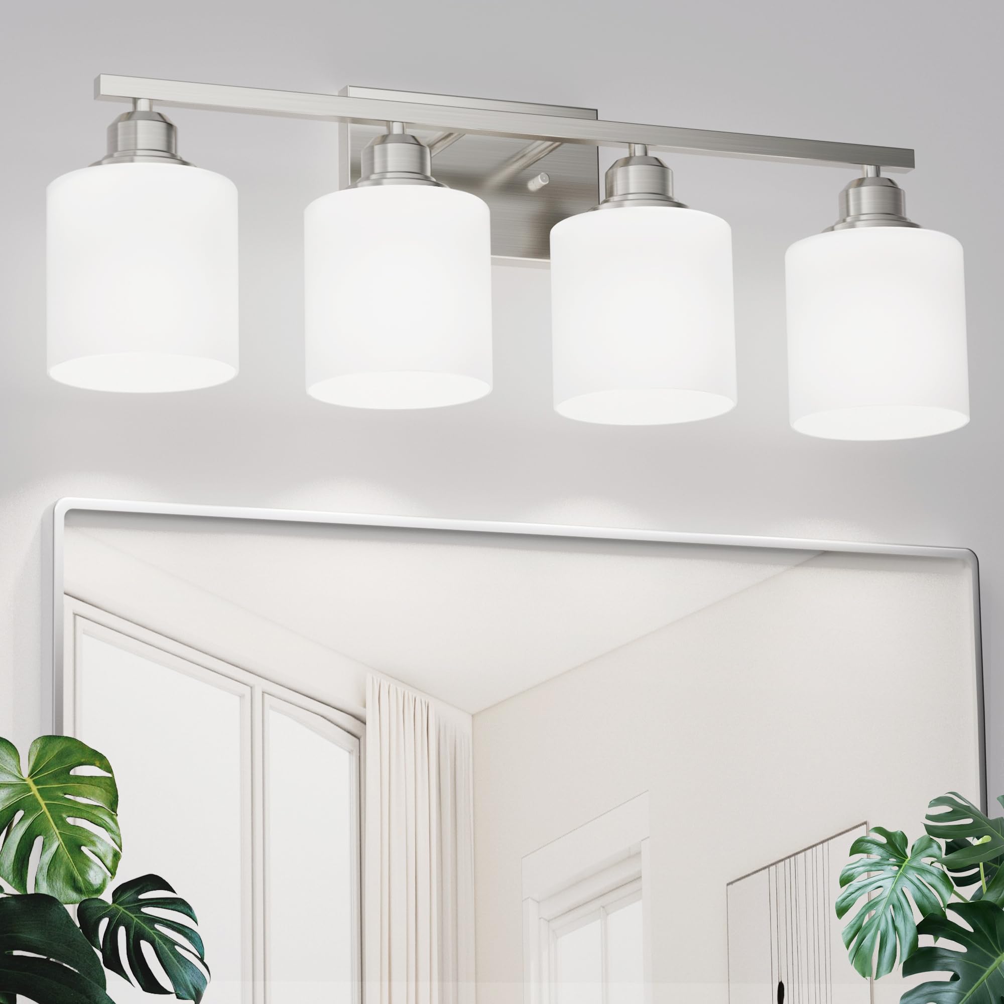 Sailstar 4-Light Bathroom Light Fixtures, Brushed Nickel, Glass Shade, Model CP-JQD-F-002
