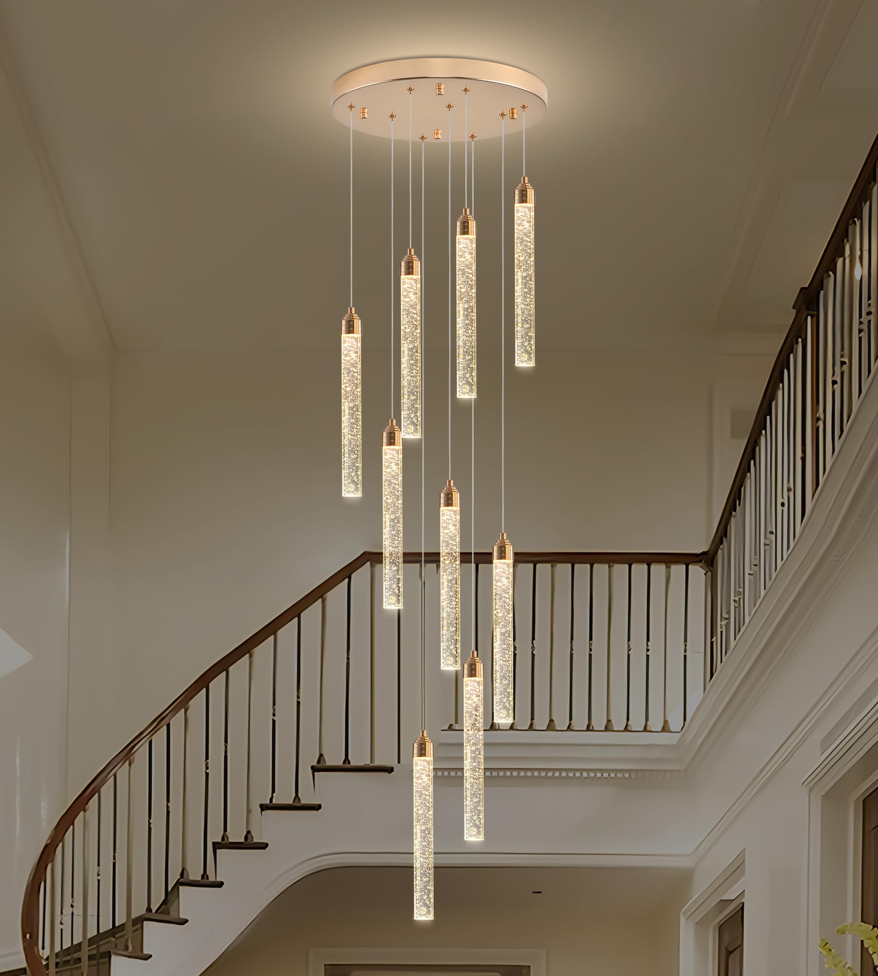 YwueChwu 9-Light Crystal Chandelier, Gold Aluminum, Dimmable LED, Model YWSC-G09-0116, Modern Spiral Design for Foyer Living Room