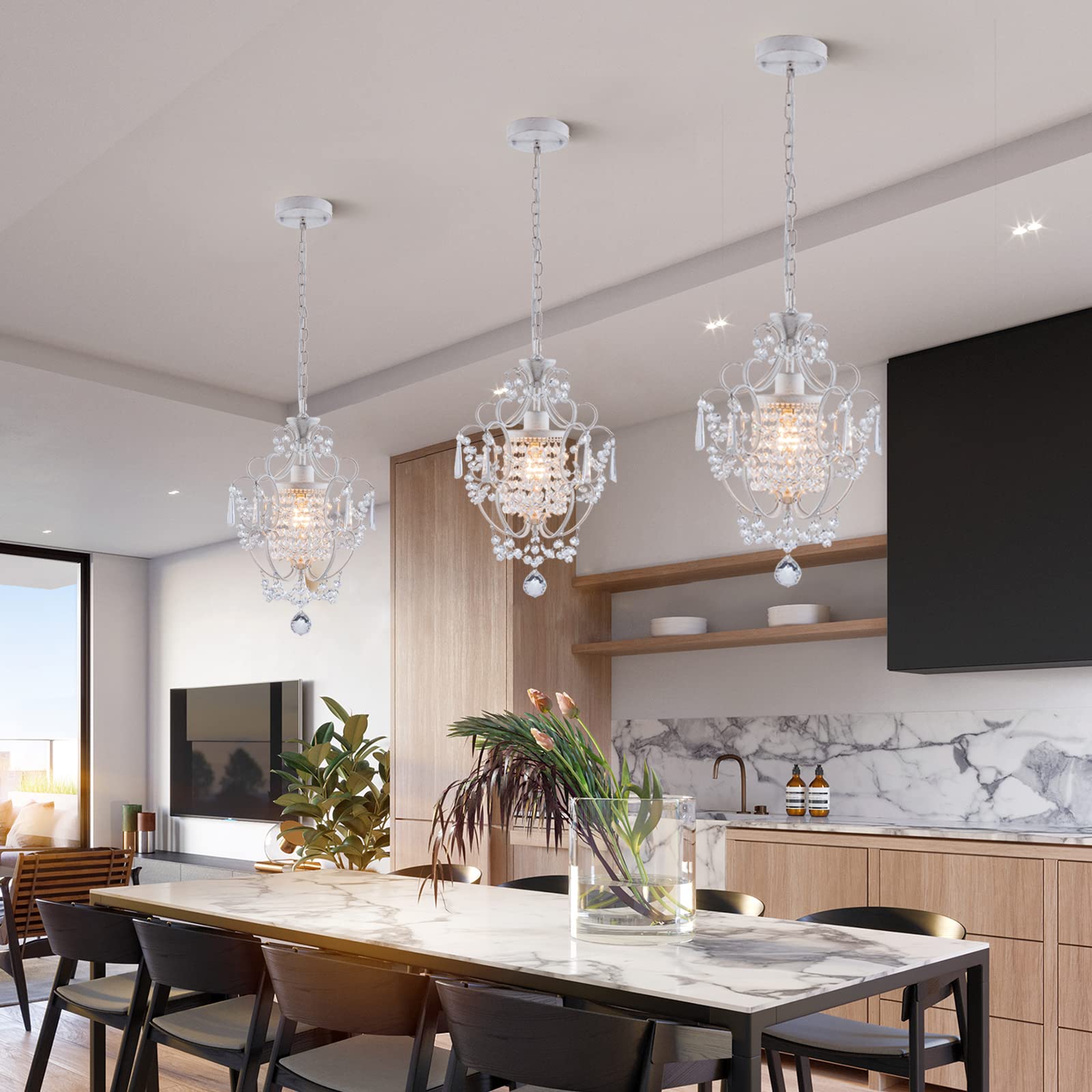 FLSFU Mini Chandelier - White Retro Crystal Light Fixture, Elegant 1-Light Ceiling Mount for Bedroom, Dining Room, Kitchen Island