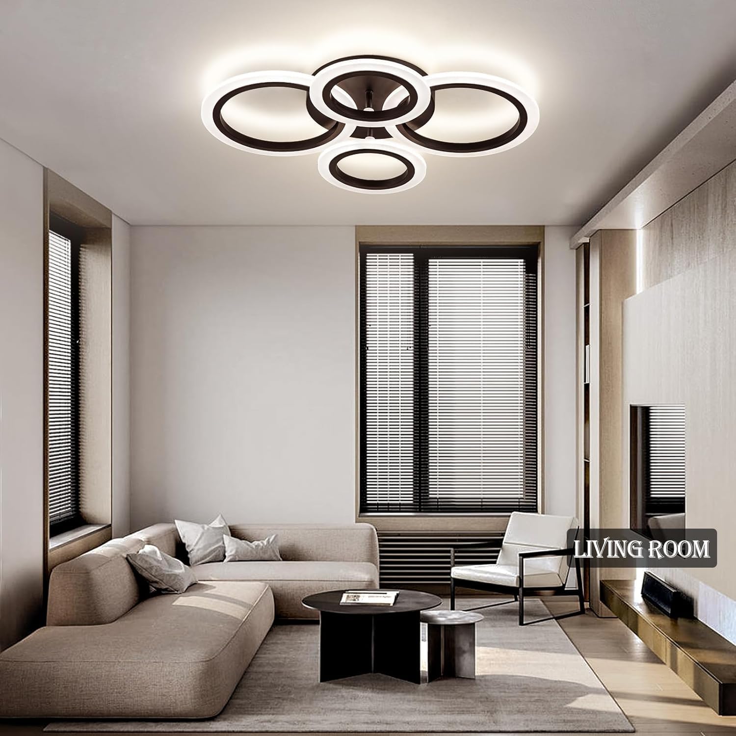 Shine Luest 34W Modern Led Ceiling Light, 3000K-6000K Dimmable Ceiling Lighting Fixtures Ceiling Mount 4 Rings Black Flush Mount