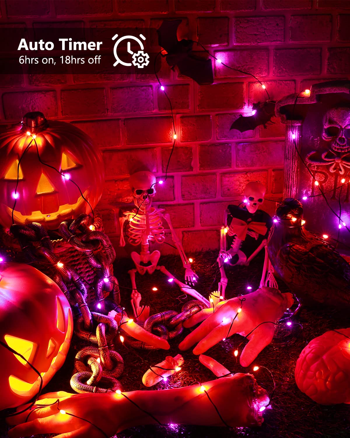 Brizled Halloween Lights, 50 LED, 17.38ft, Battery Operated, Timer, 8 Modes, Black Wire, Purple & Orange, Indoor Outdoor Decor