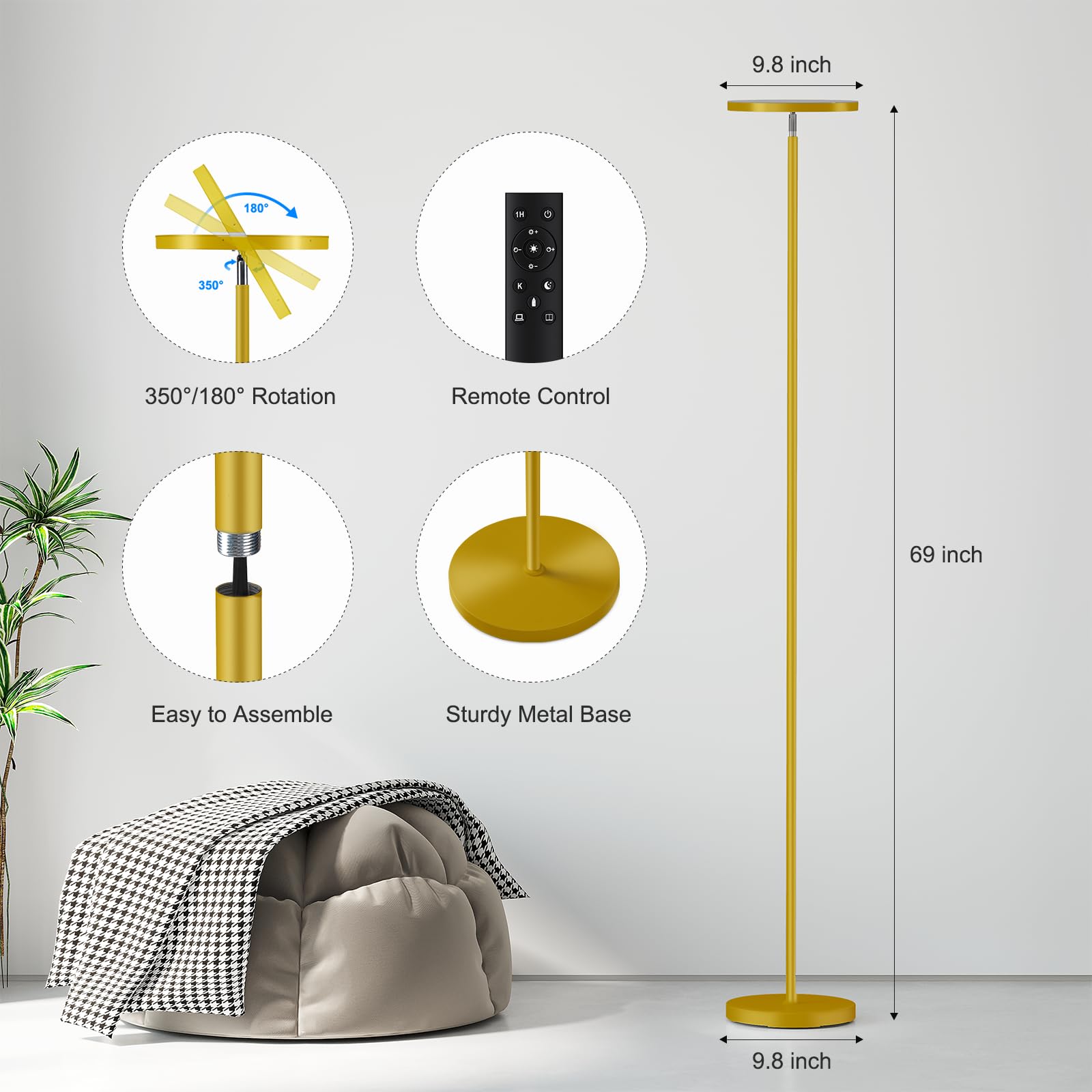 SUNMORY LED Floor Lamp, 32W Super Bright, Remote Control, 69in Tall, Gold, Model FLD-032-XR