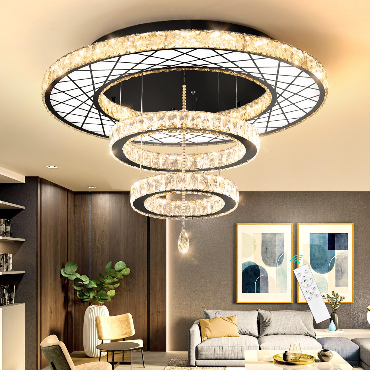 HAIXIANG LED Ceiling Chandelier, 24" Black Crystal & Glass Light Fixture, Remote Dimmable, Model MMQ3831