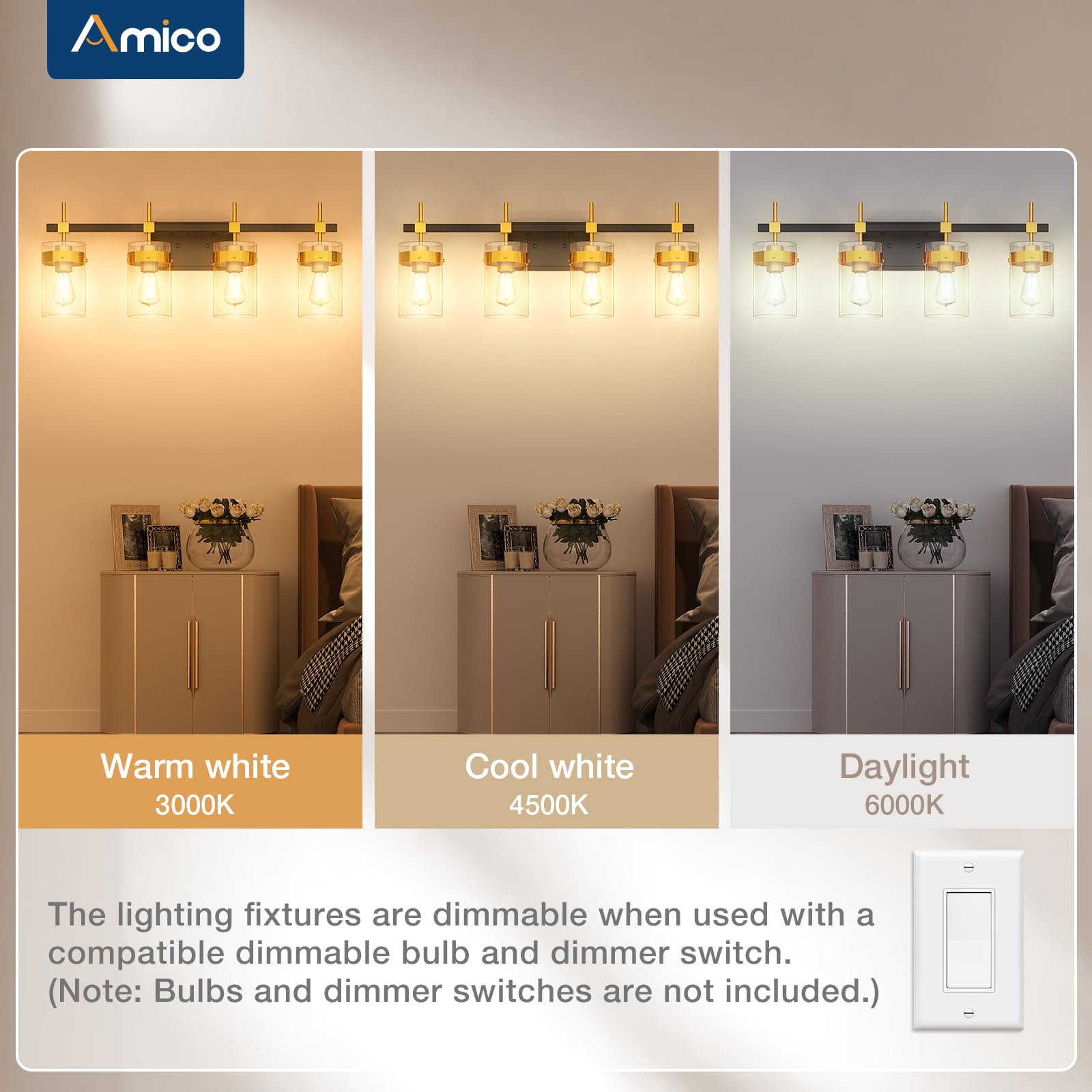 Amico Vanity Lights For Bathroom, 4-Lights Bathroom Light Fixture Over Mirror For Bath Glass Shade Light, Wall Sconce Lighting F