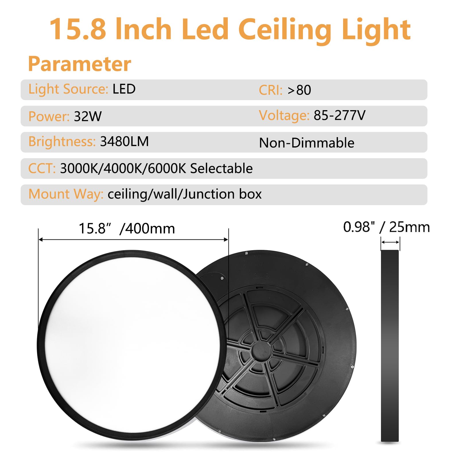Offiy 4Pk 15.8 Inch Led Ceiling Light Flush Mount, 32W, 3480Lm, 3000K/4000K/6000K Cct Selectable Super Slim Ceiling Light, Close
