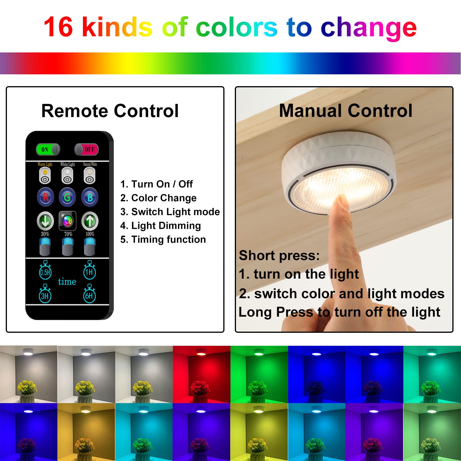 Onumii LED Puck Lights, 16 Color Changing, Dimmable, Battery Operated, 6 Pack, White, Remote Control for Under Cabinet Use