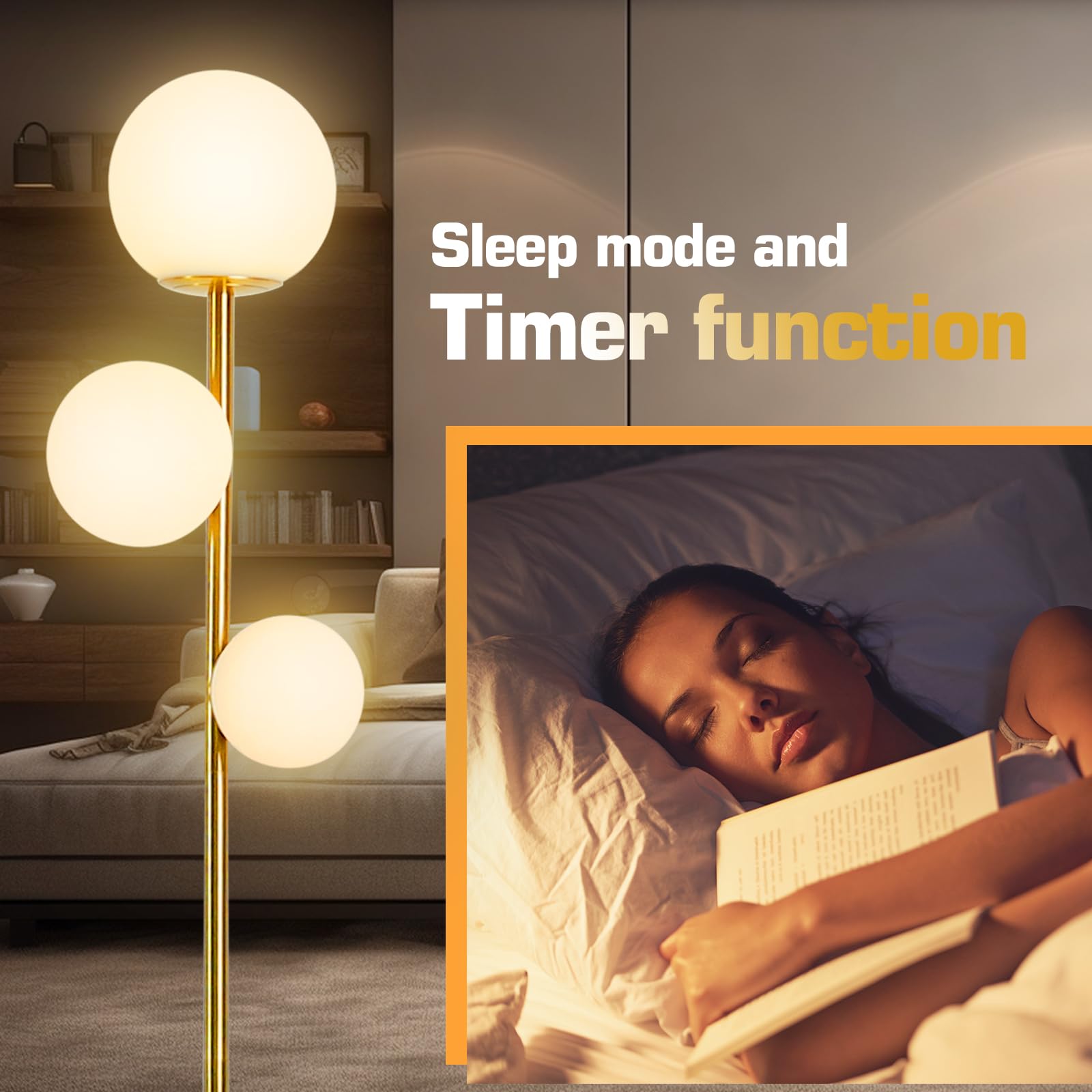 ShineMuse Mid Century Floor Lamp, Dimmable LED, Touch Control, 3 Globe, Gold-3, Model FL004