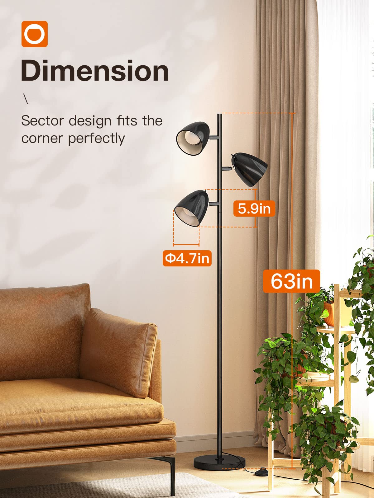 Addlon Tree Floor Lamp With 3 Adjustable Rotating Lights And Matching Led Bulbs, Standing Tall Pole Lamps For Living Room, Bedro