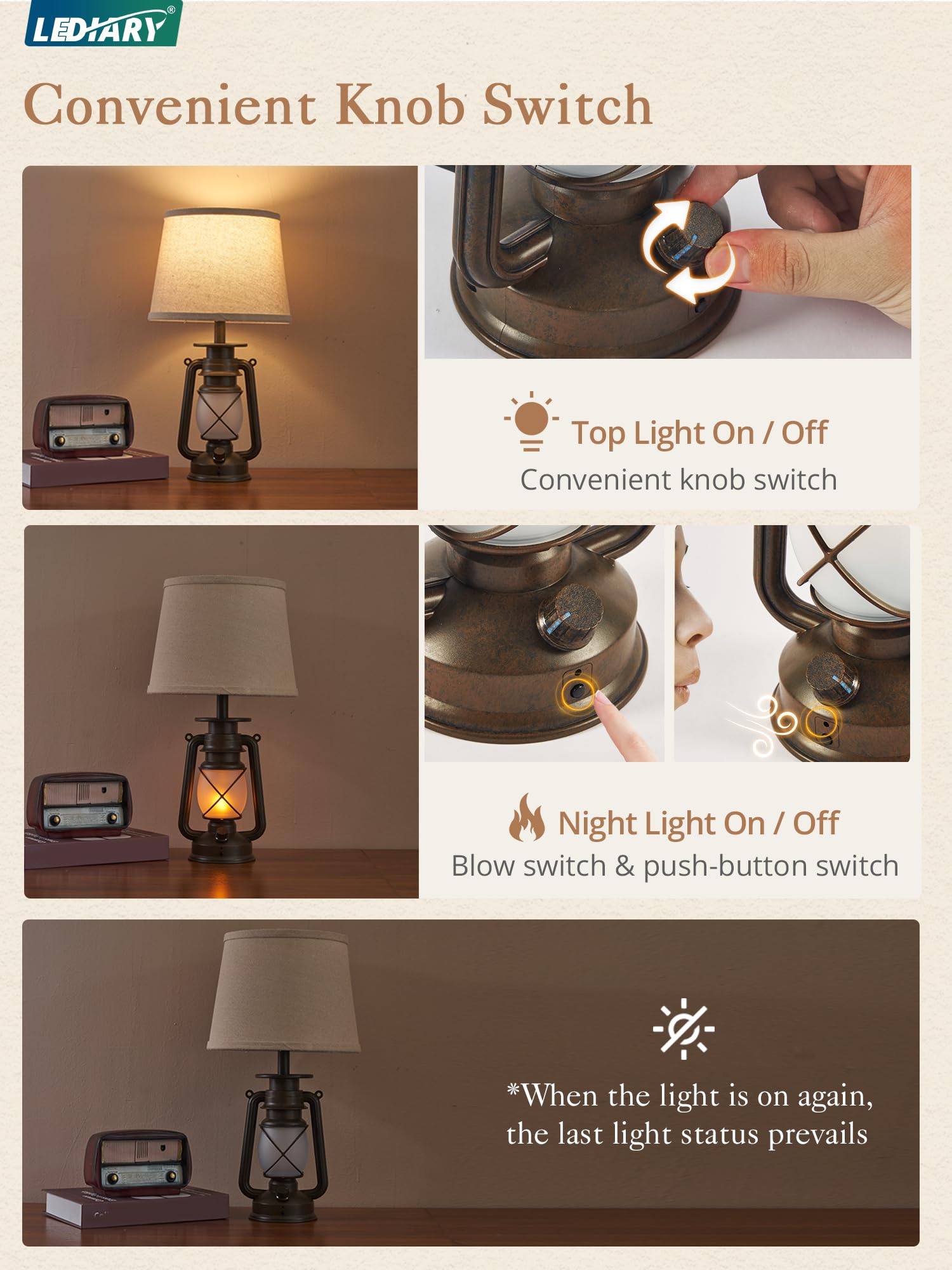 LEDIARY 18.72" Blow-Controlled LED Lantern Table Lamps, Set of 2, Rustic Bronze for Bedrooms and Living Rooms