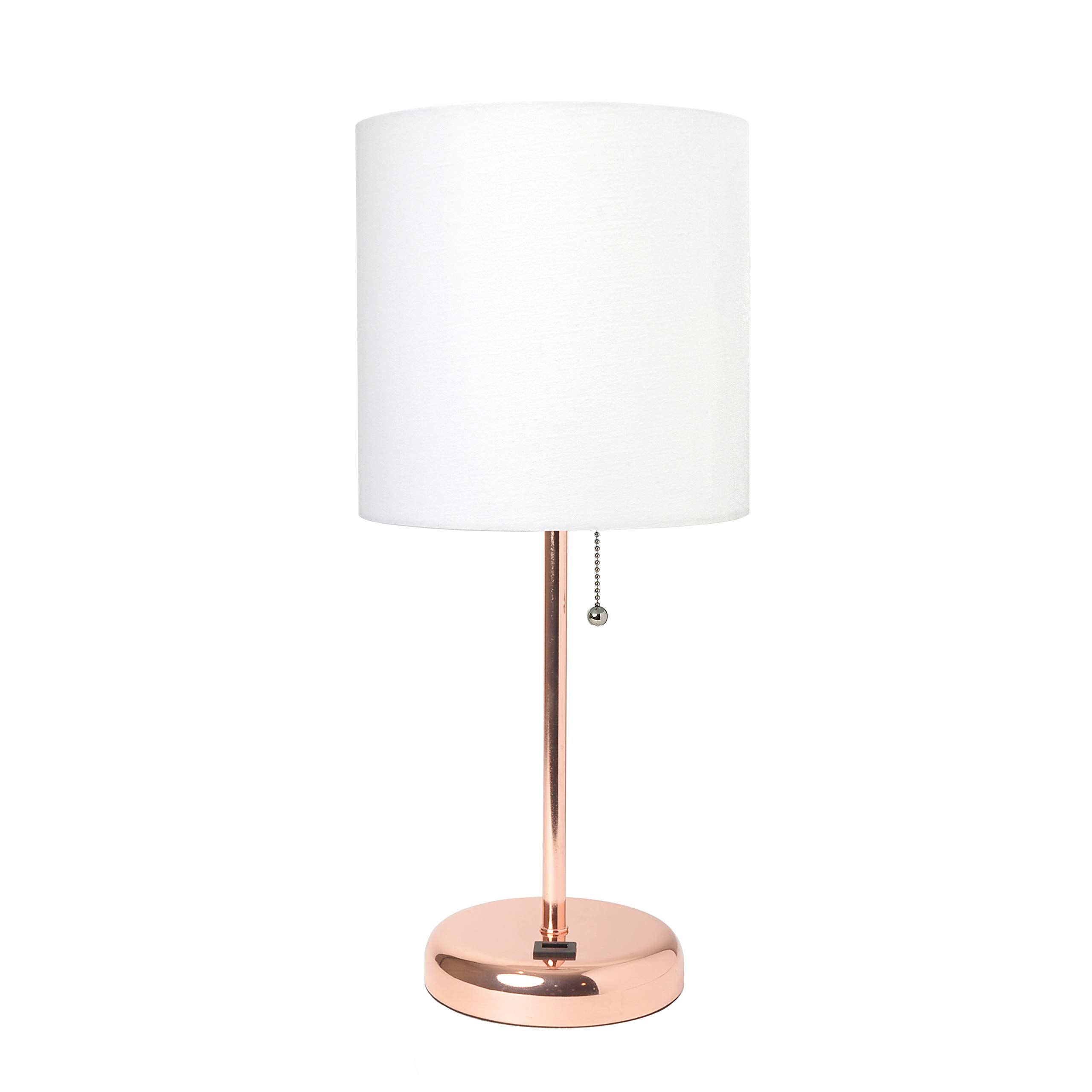 Simple Designs Lt2044-Rgd Rose Gold Stick Table Desk Lamp With Usb Charging Port And Drum Fabric Shade, White Shade