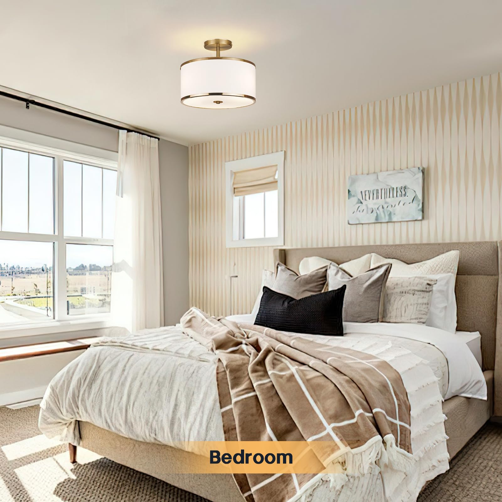 Calokes Luxury Semi Flush Mount Ceiling Light, 3-Light Drum Lamp With Gold Brass Finish And Fabric Shade, Ideal For Bedroom, Kit