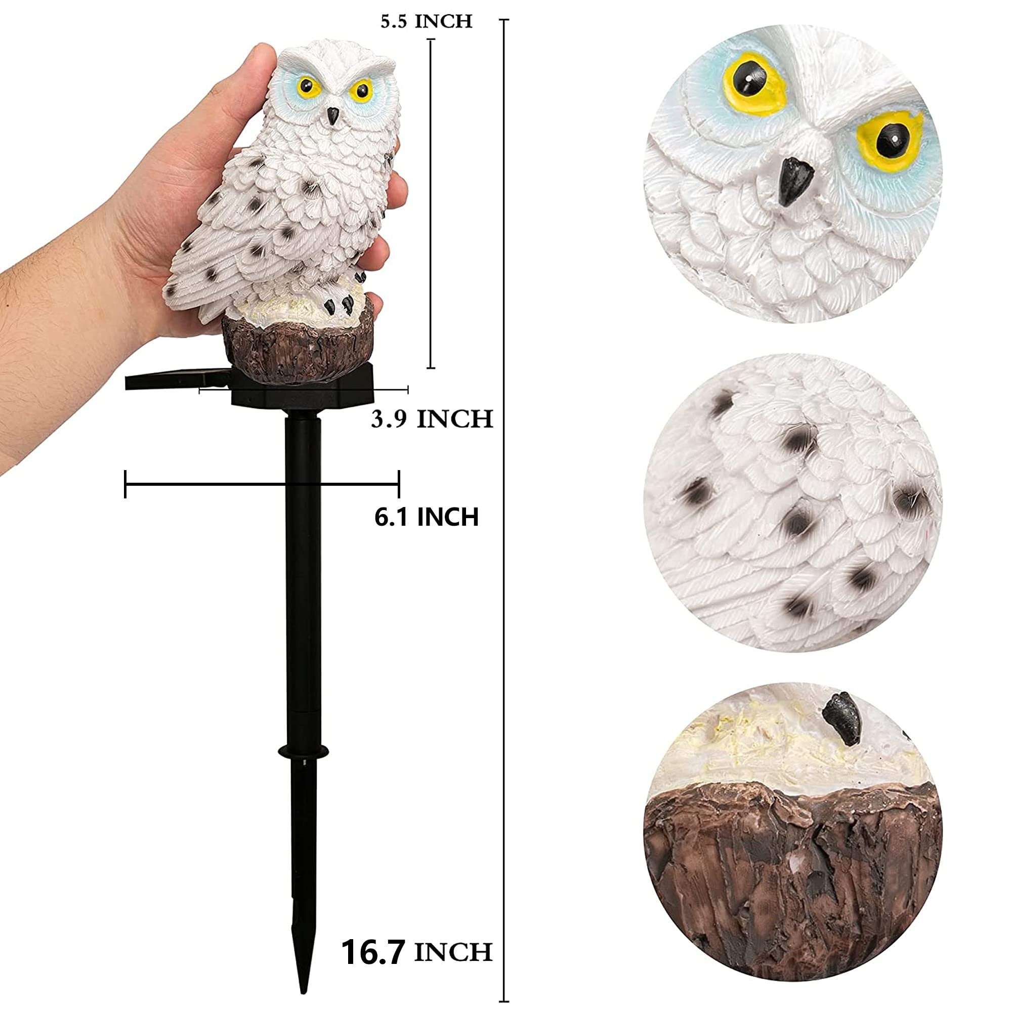 Dazzle Bright Owl Figure Solar LED Lights, 2 Pack, White Resin Garden Decorations for Outdoor Yard, Waterproof Stake, Gifts for Owl Lovers