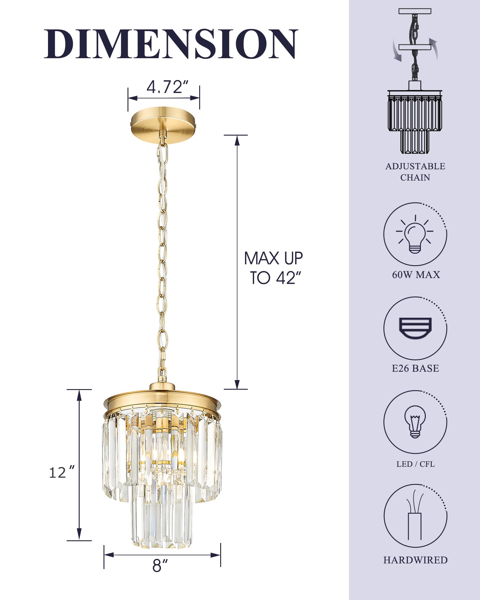 Klklch Crystal Chandeliers, Gold Pendant Light Fixtures, 1-Light Small Modern Chandelier Lighting, 2-Tier Hanging Light Fixture