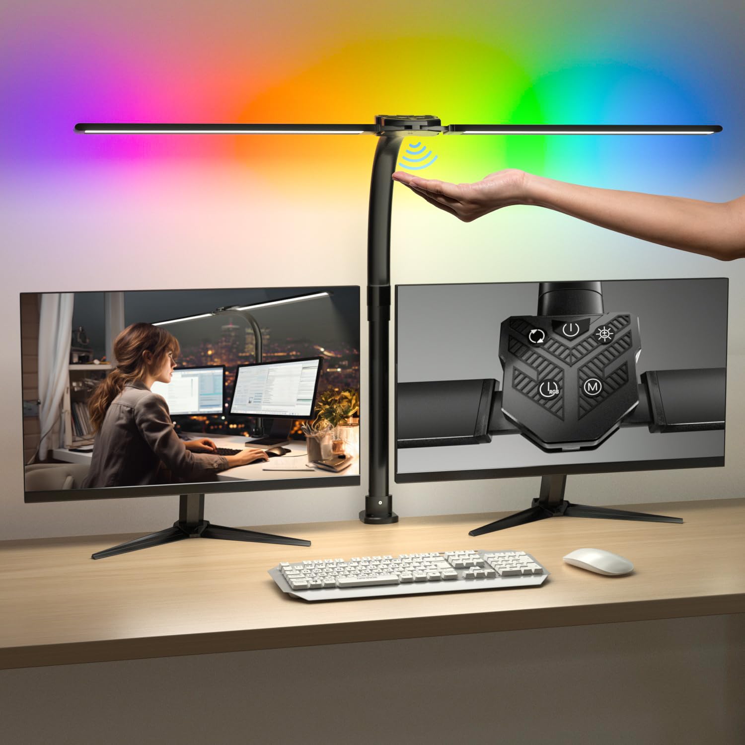 Radlfut Double Swing Arm Desk Lamp - Led Desk Lamp with Clamp,24W Ultra Bright Auto Dimming Desk Light with RGB Atmosphere Light