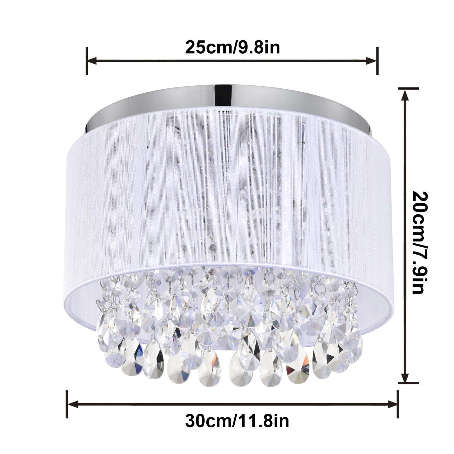 LaLuLa 3-Light Mini Flush Mount Chandelier - White Crystal Drum Design, 11" Round Lighting for Bedroom